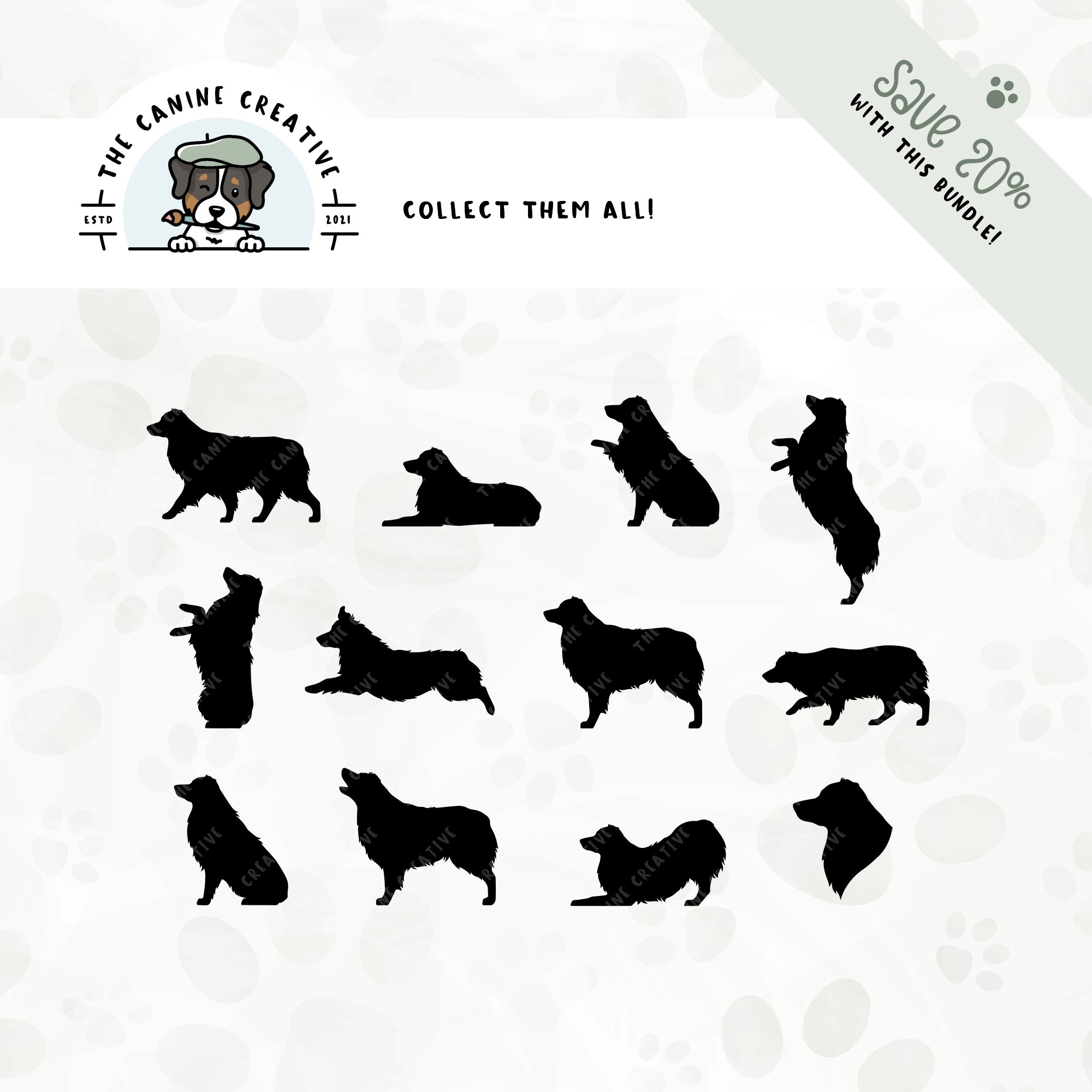 Save 20% with our related 12-pack docked tail Australian Shepherd silhouette bundle.