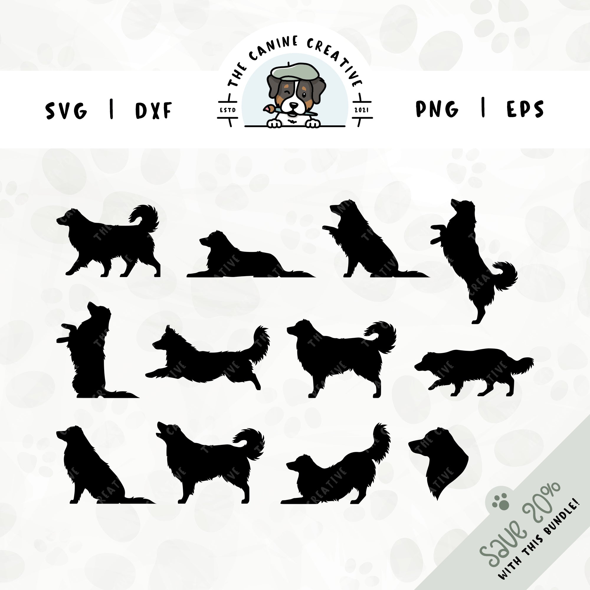 This 12-pack, long tail Australian Shepherd silhouette bundle features a dog's head in profile, along with various poses including running, laying down, playing, standing, sitting, walking, jumping up, begging, barking, herding, and shaking a paw. File formats include: SVG, DXF, PNG, and EPS.
