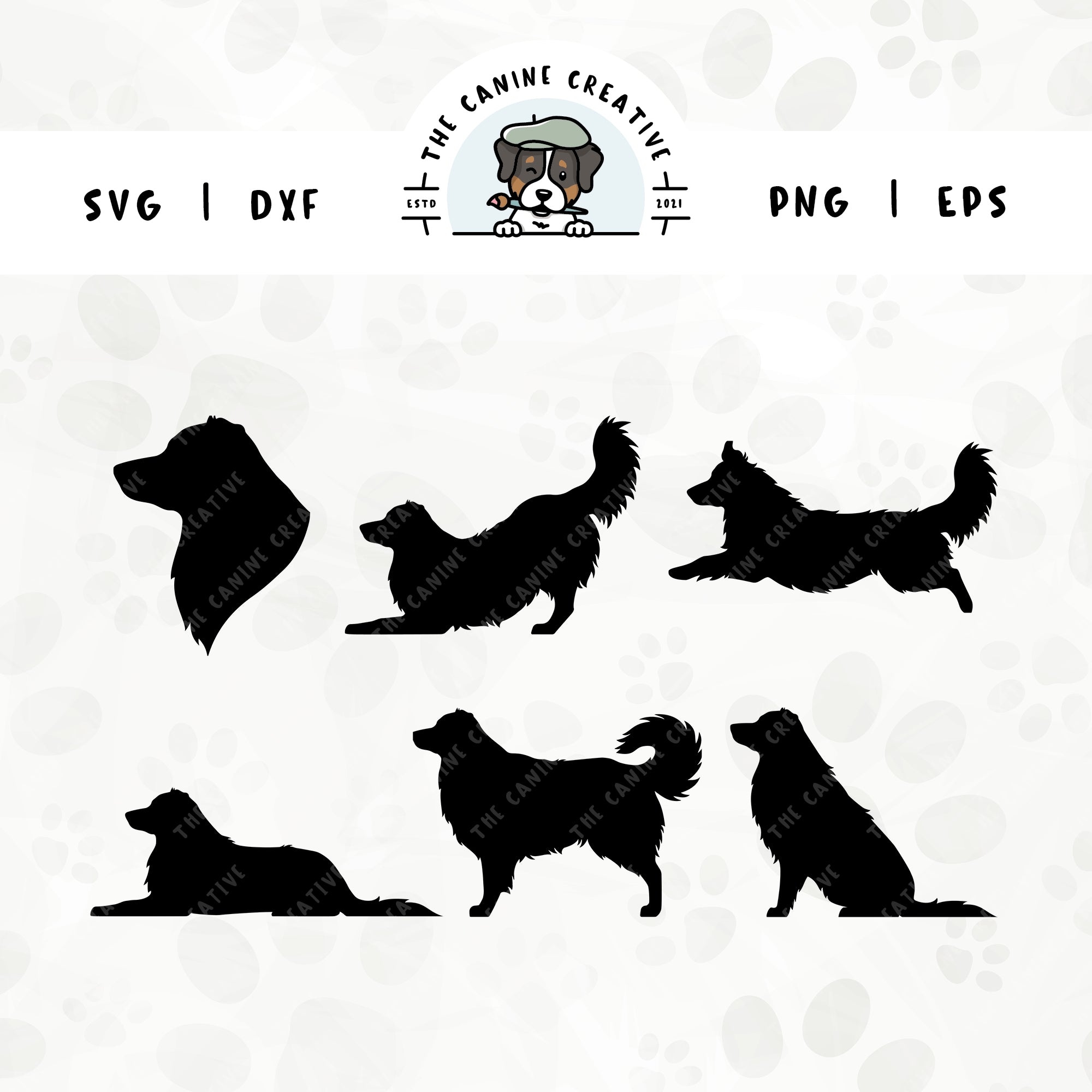 This 6-pack, long tail Australian Shepherd silhouette bundle (set 1) features a dog's head in profile, along with various poses including running, laying down, playing, standing, and sitting. File formats include: SVG, DXF, PNG, and EPS.