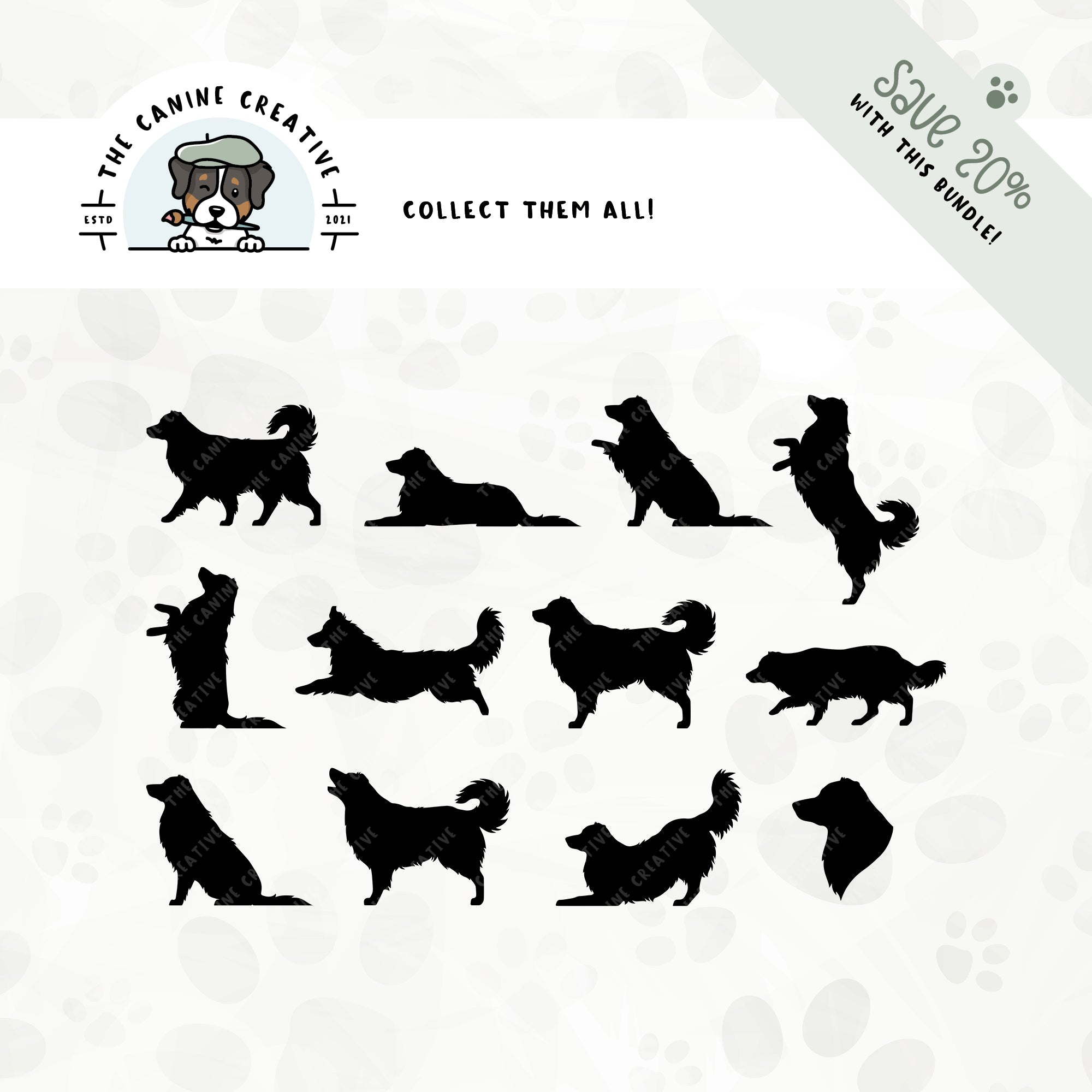 Save 20% with our related 12-pack long tail Australian Shepherd silhouette bundle.