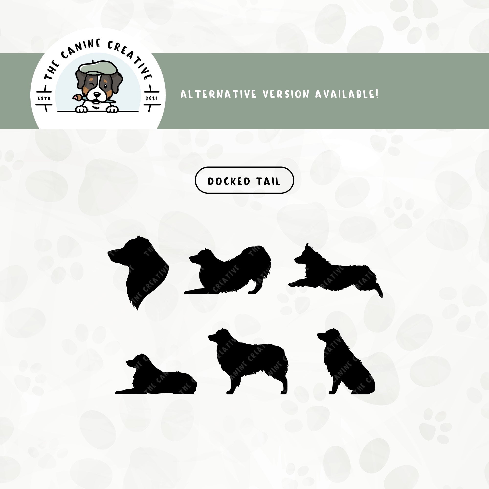 A docked tail version is also available for this Australian Shepherd silhouette set.