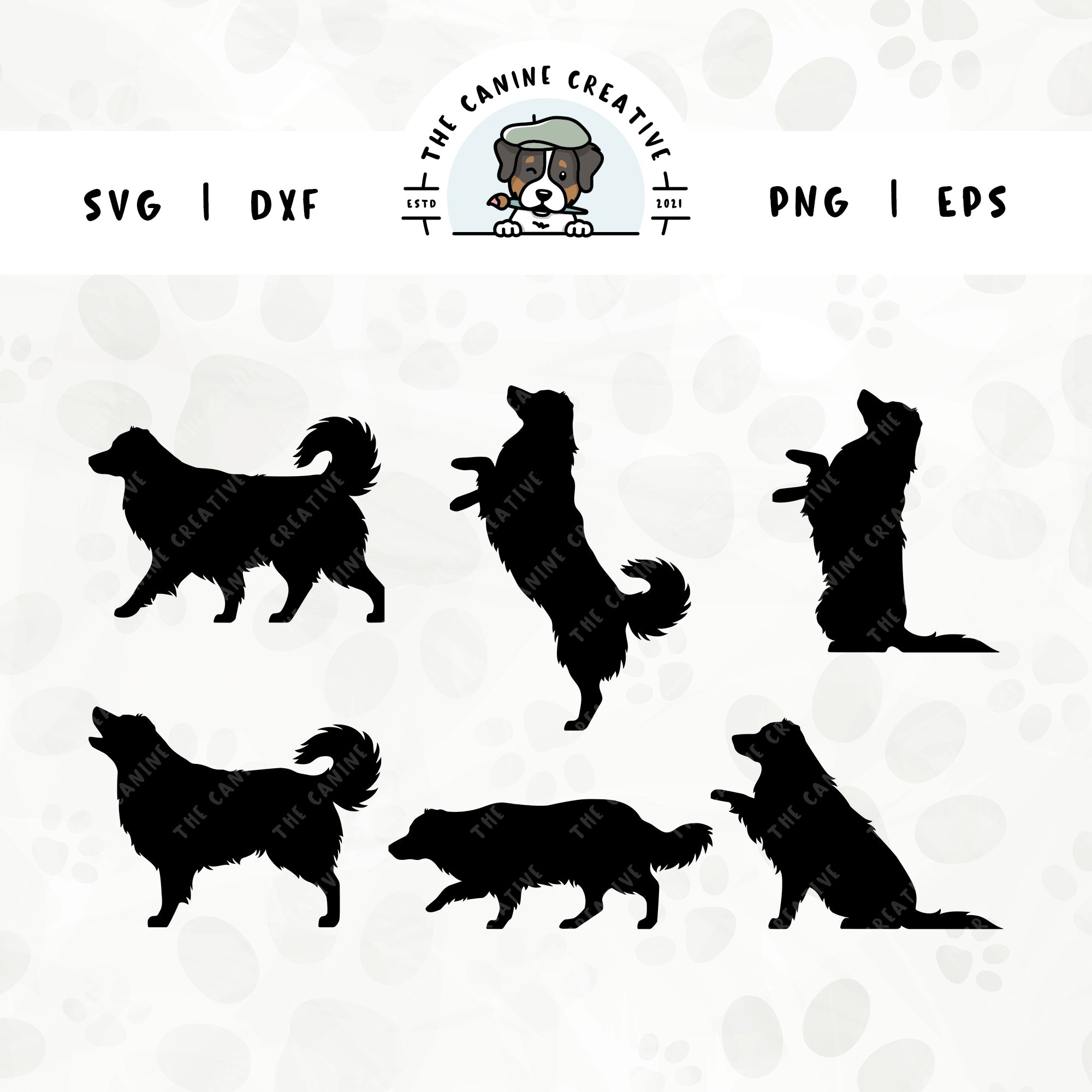 This 6-pack, long tail Australian Shepherd silhouette bundle (set 2) features various dog poses including walking, herding, jumping up, begging, barking, and shaking a paw. File formats include: SVG, DXF, PNG, and EPS.