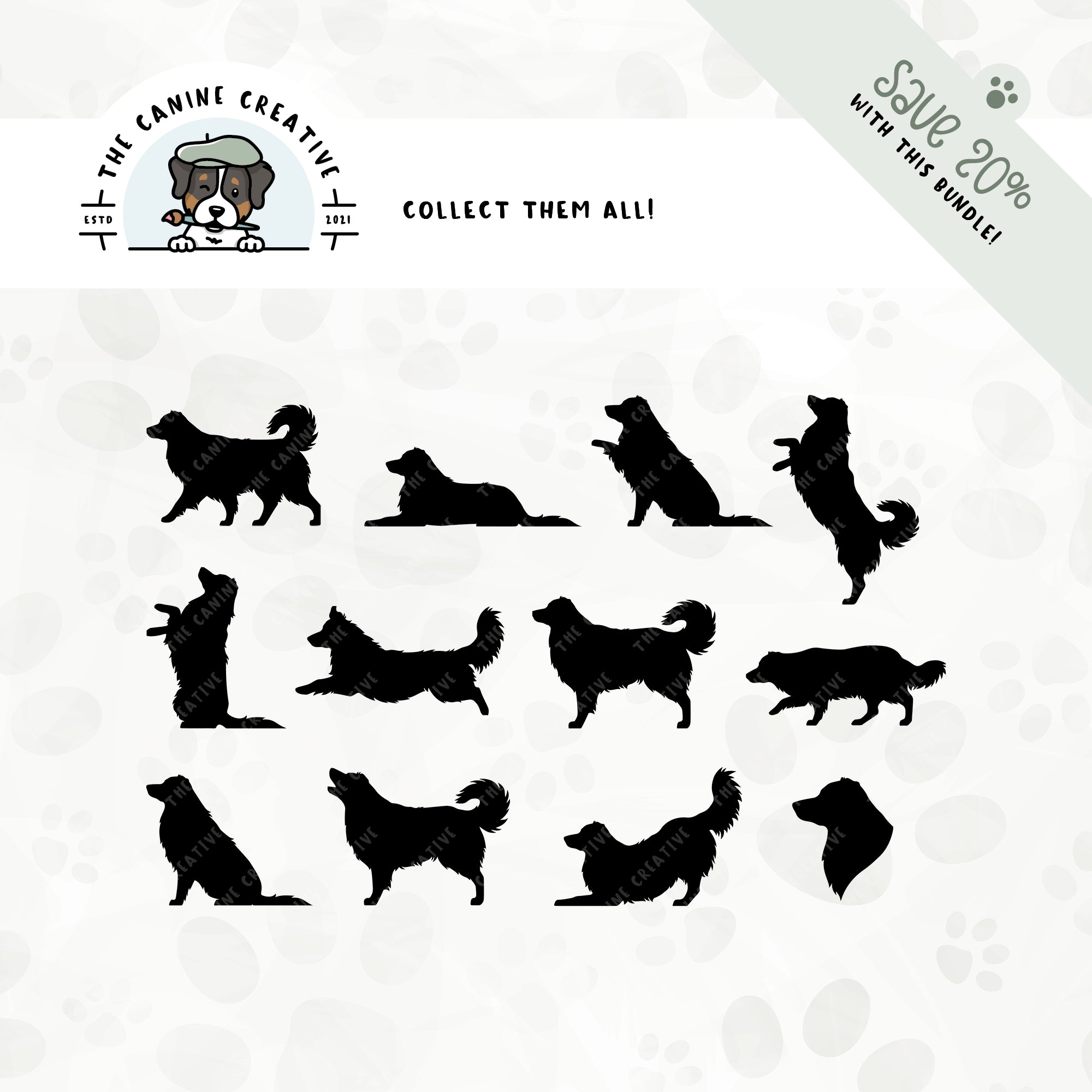 Save 20% with our related 12-pack long tail Australian Shepherd silhouette bundle.
