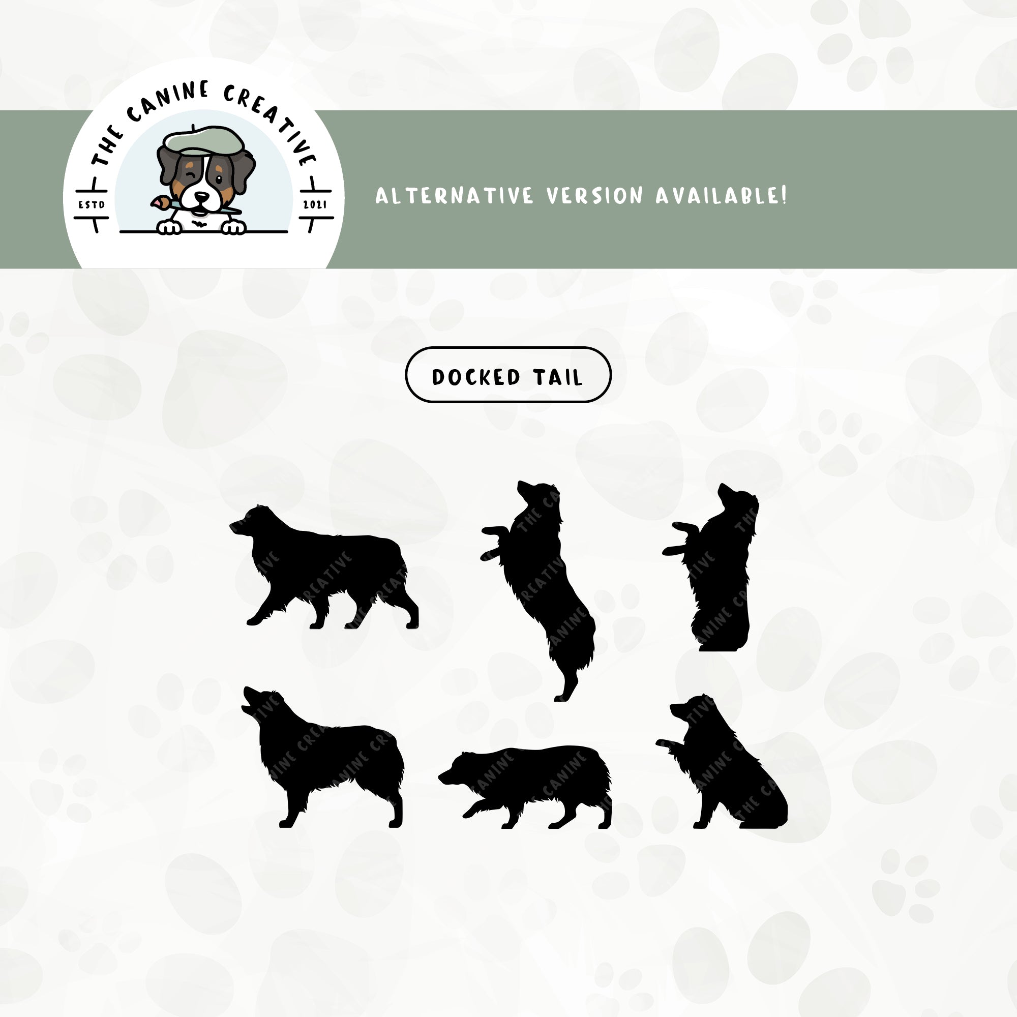 A docked tail version is also available for this Australian Shepherd silhouette set.