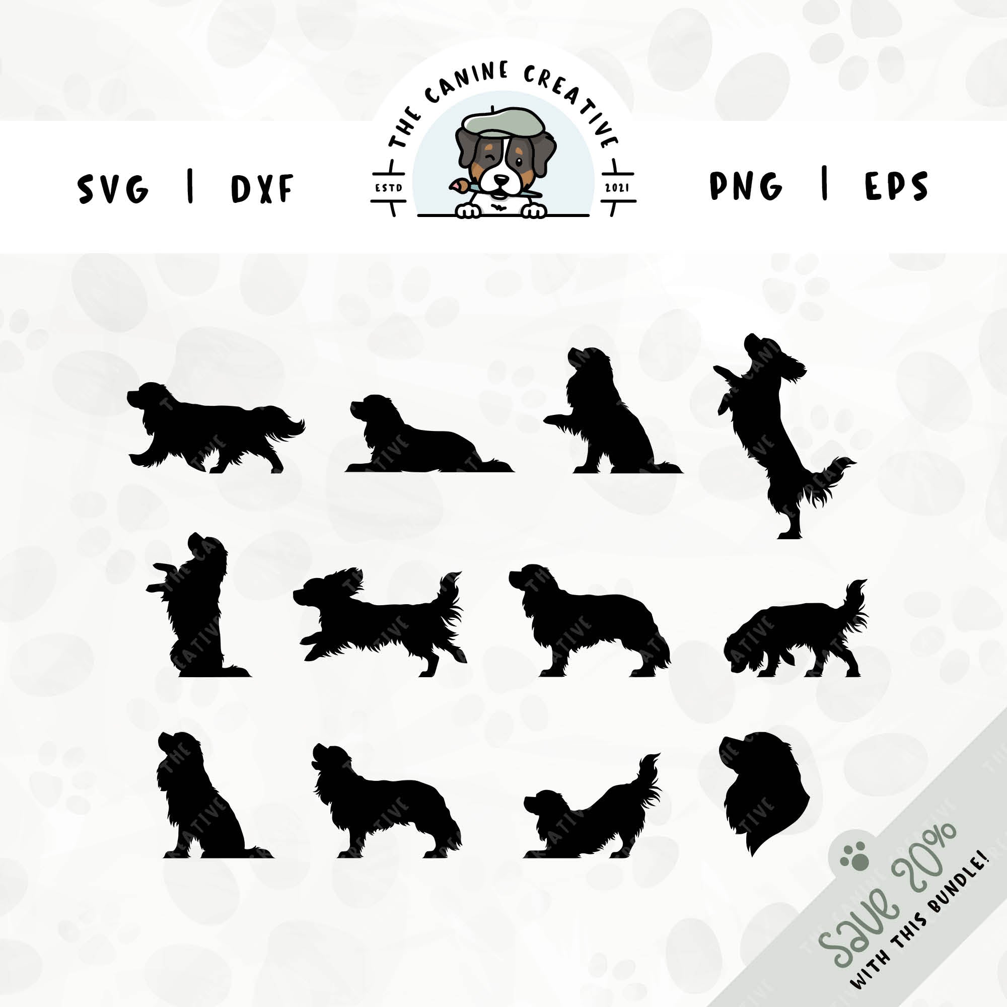 This 12-pack Cavalier King Charles Spaniel silhouette bundle features a dog's head in profile, along with various poses including running, laying down, playing, standing, sitting, walking, jumping up, begging, barking, sniffing, and shaking a paw. File formats include: SVG, DXF, PNG, and EPS.