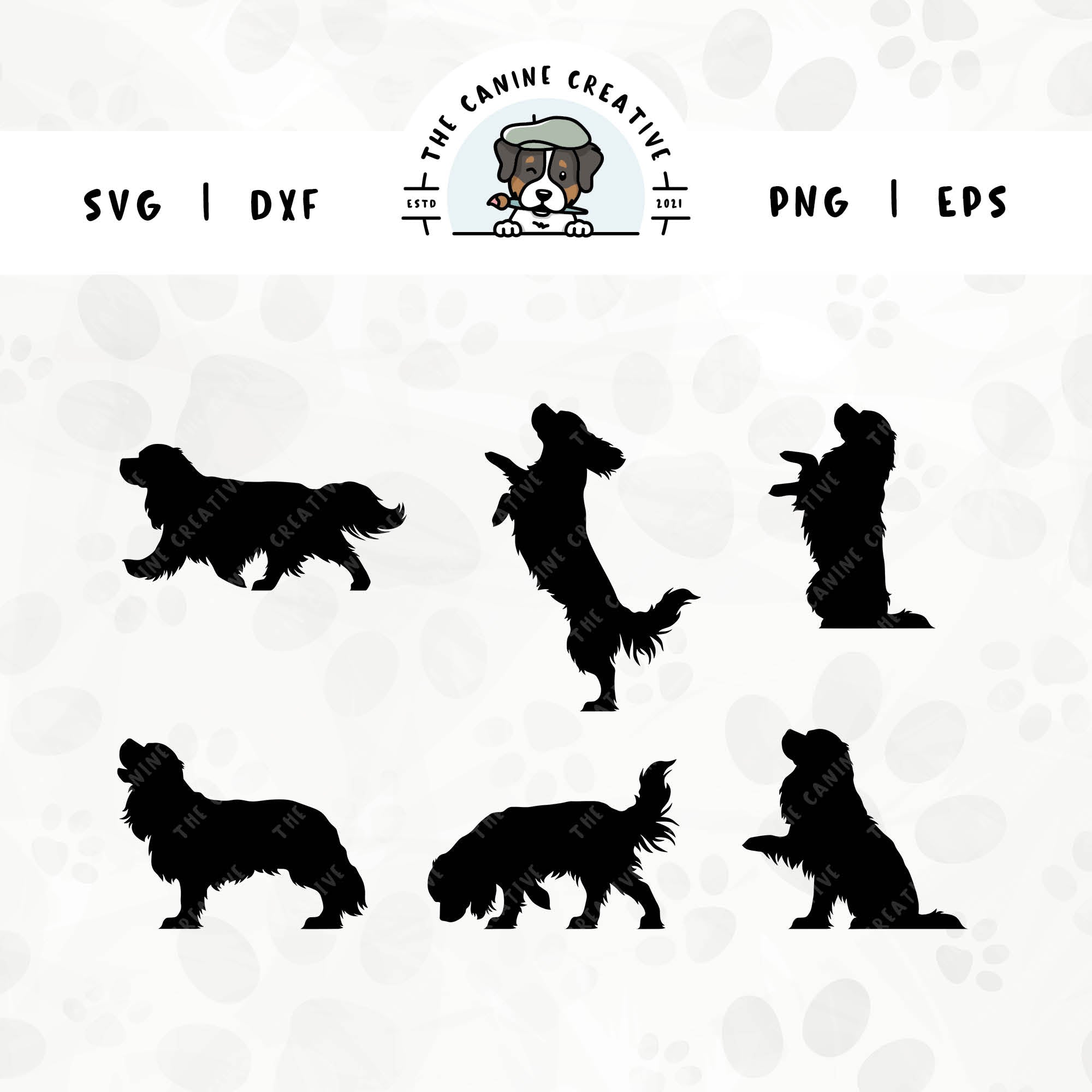 This 6-pack Cavalier King Charles Spaniel silhouette bundle (set 2) features various dog poses including walking, jumping up, begging, barking, sniffing, and shaking a paw. File formats include: SVG, DXF, PNG, and EPS.