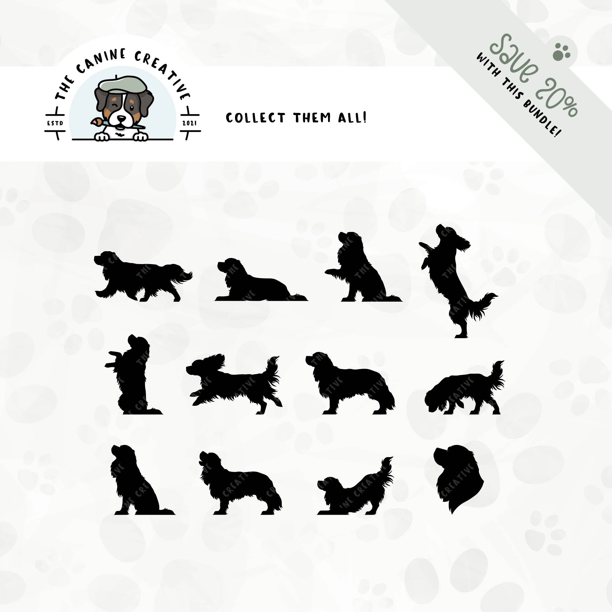 Save 20% with our related 12-pack Cavalier King Charles Spaniel silhouette bundle.