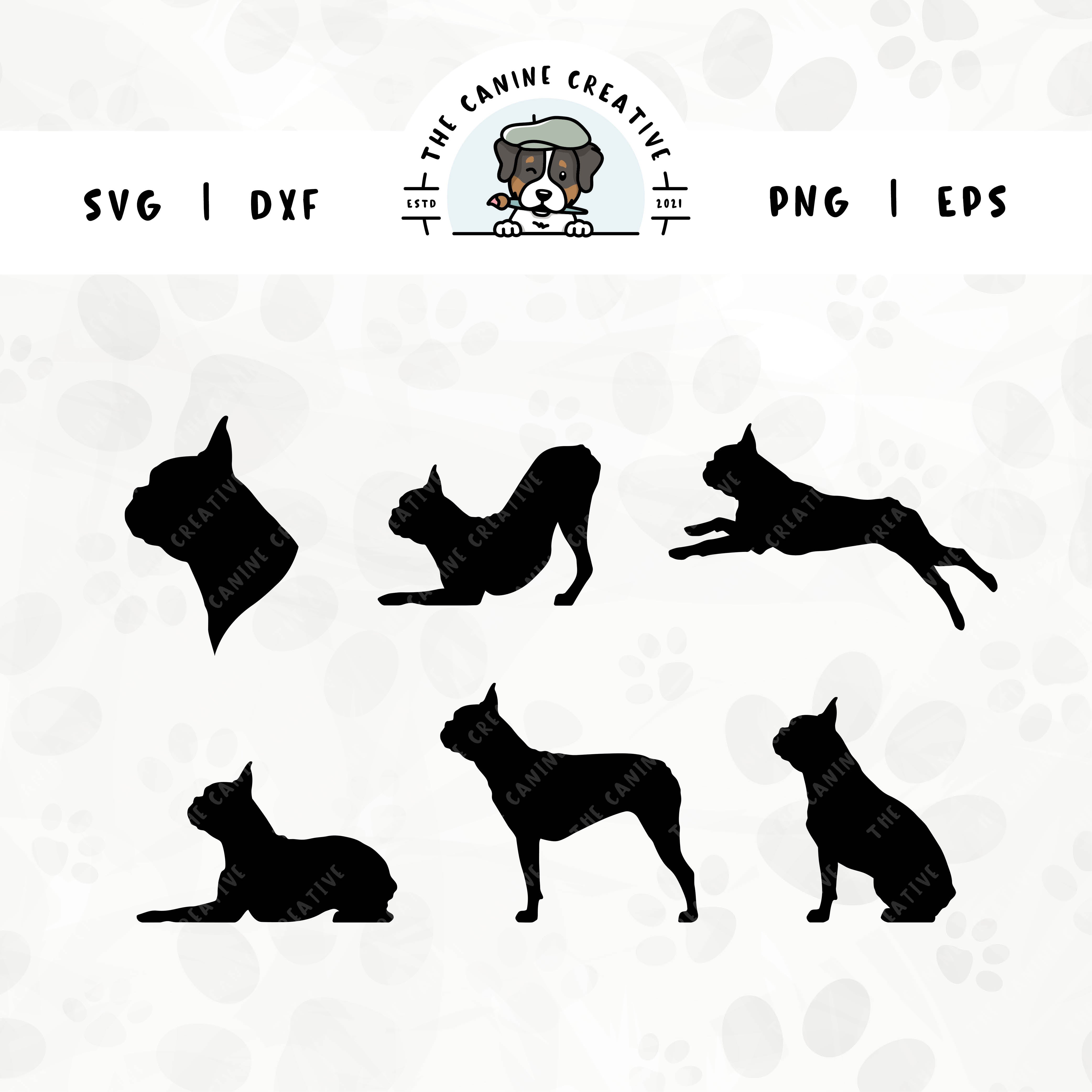 This 6-pack Boston Terrier silhouette bundle (set 1) features a dog's head in profile, along with various poses including running, laying down, playing, standing, and sitting. File formats include: SVG, DXF, PNG, and EPS.