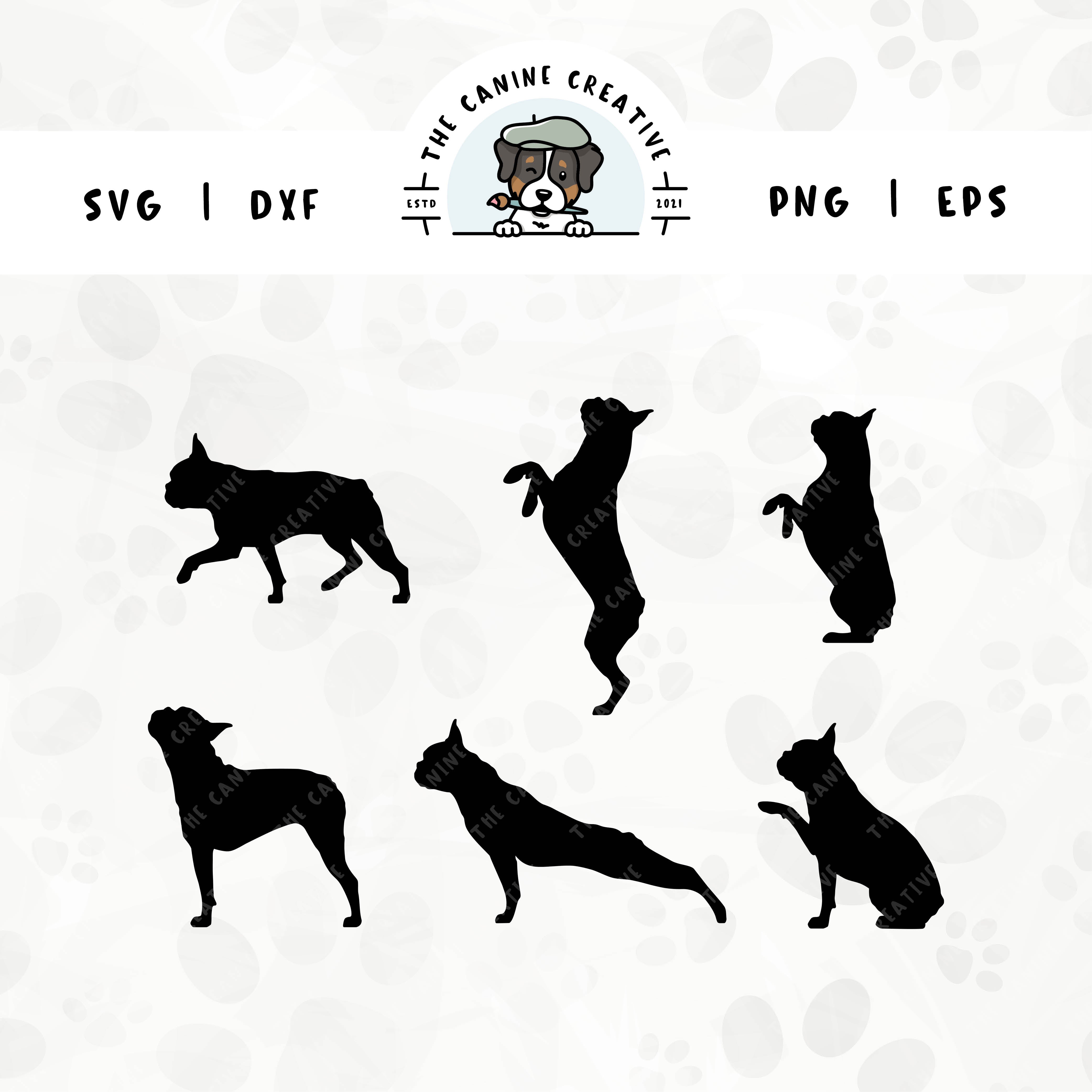 This 6-pack Boston Terrier silhouette bundle (set 2) features various poses including walking, jumping up, begging, barking, sniffing, and shaking paw. File formats include: SVG, DXF, PNG, and EPS.