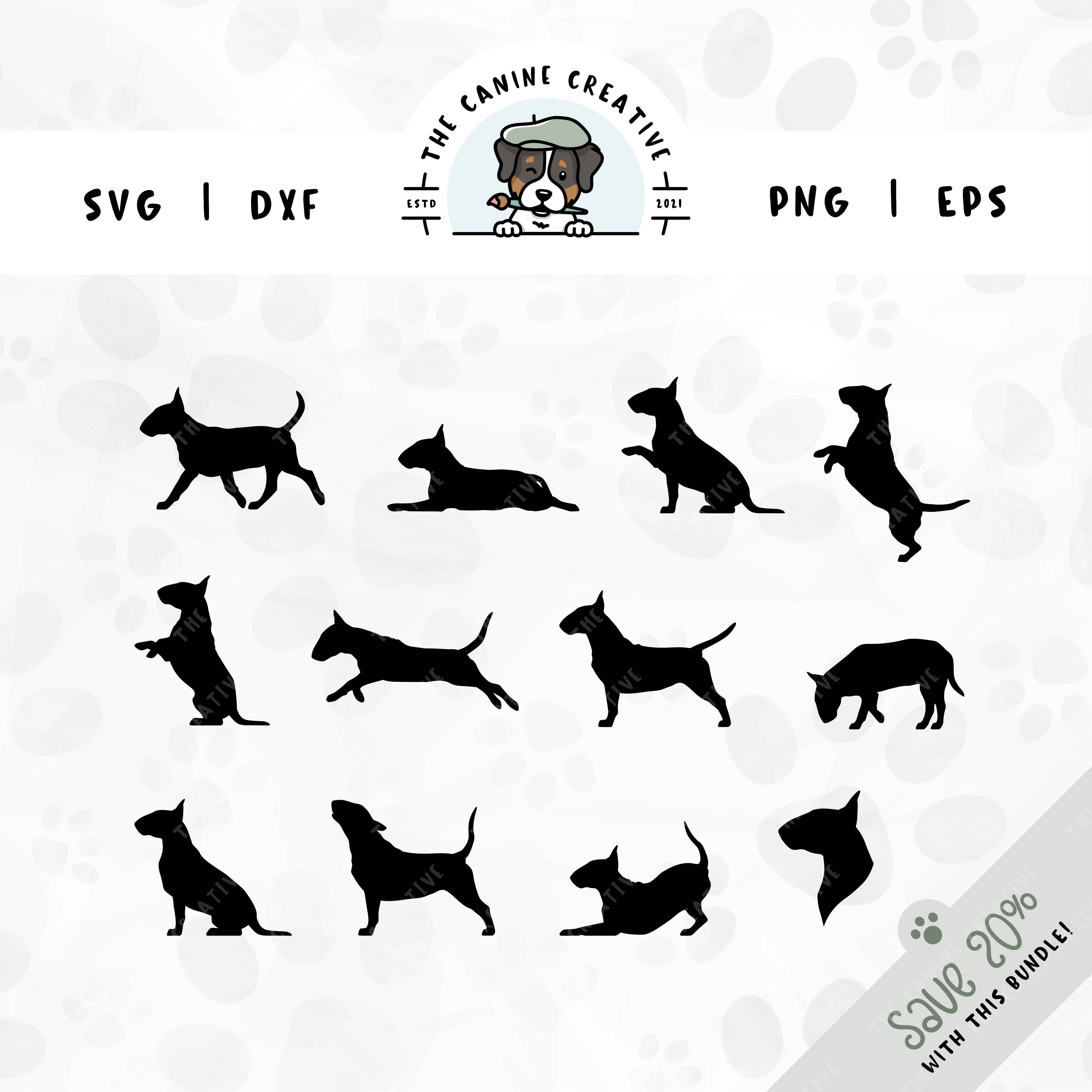 This 12-pack Bull Terrier silhouette bundle features a dog's head in profile, along with various poses including running, laying down, playing, standing, sitting, walking, jumping up, sniffing, begging, howling, and shaking a paw. File formats include: SVG, DXF, PNG, and EPS.