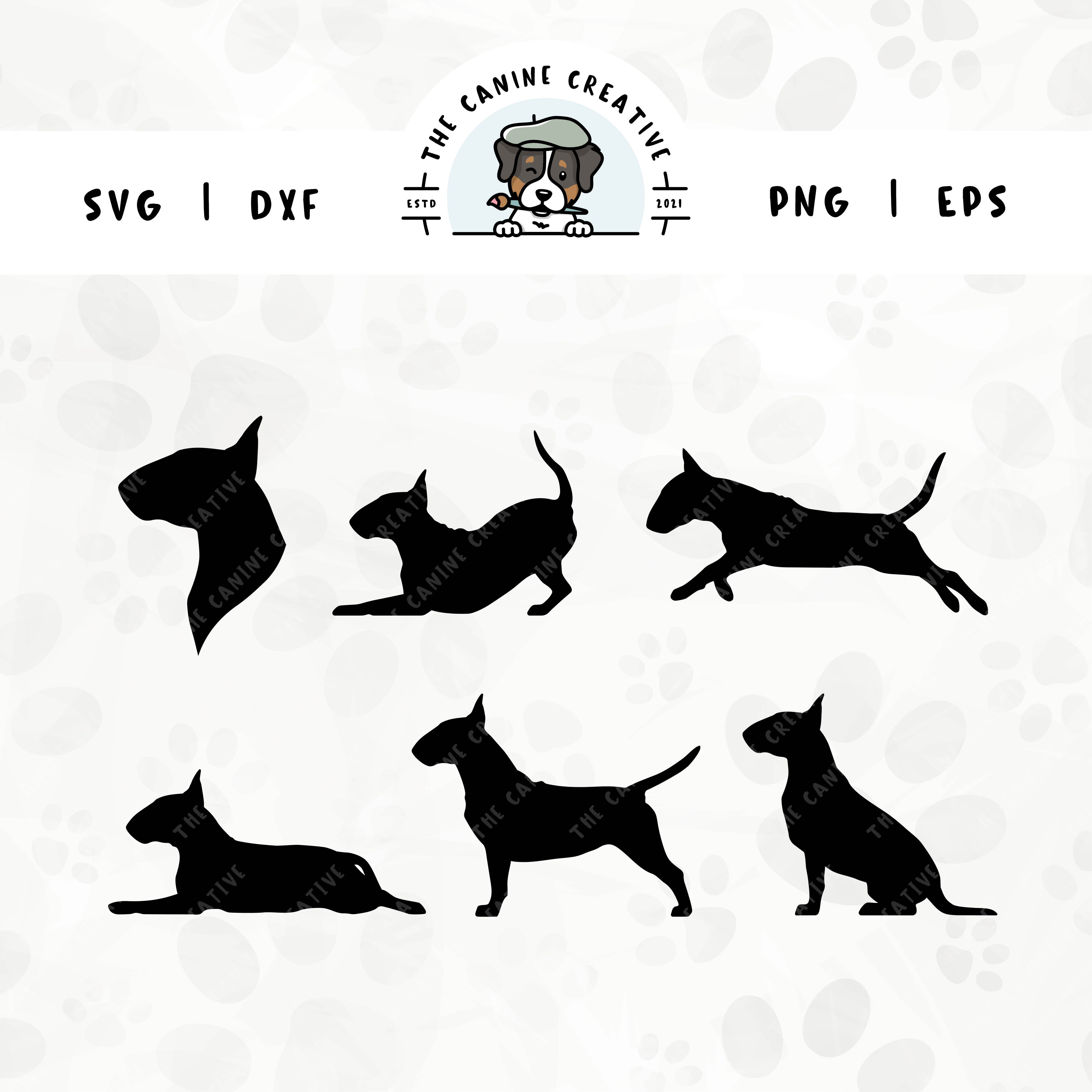 This 6-pack Bull Terrier silhouette bundle (set 1) features a dog's head in profile, along with various poses including running, laying down, playing, standing, and sitting. File formats include: SVG, DXF, PNG, and EPS.