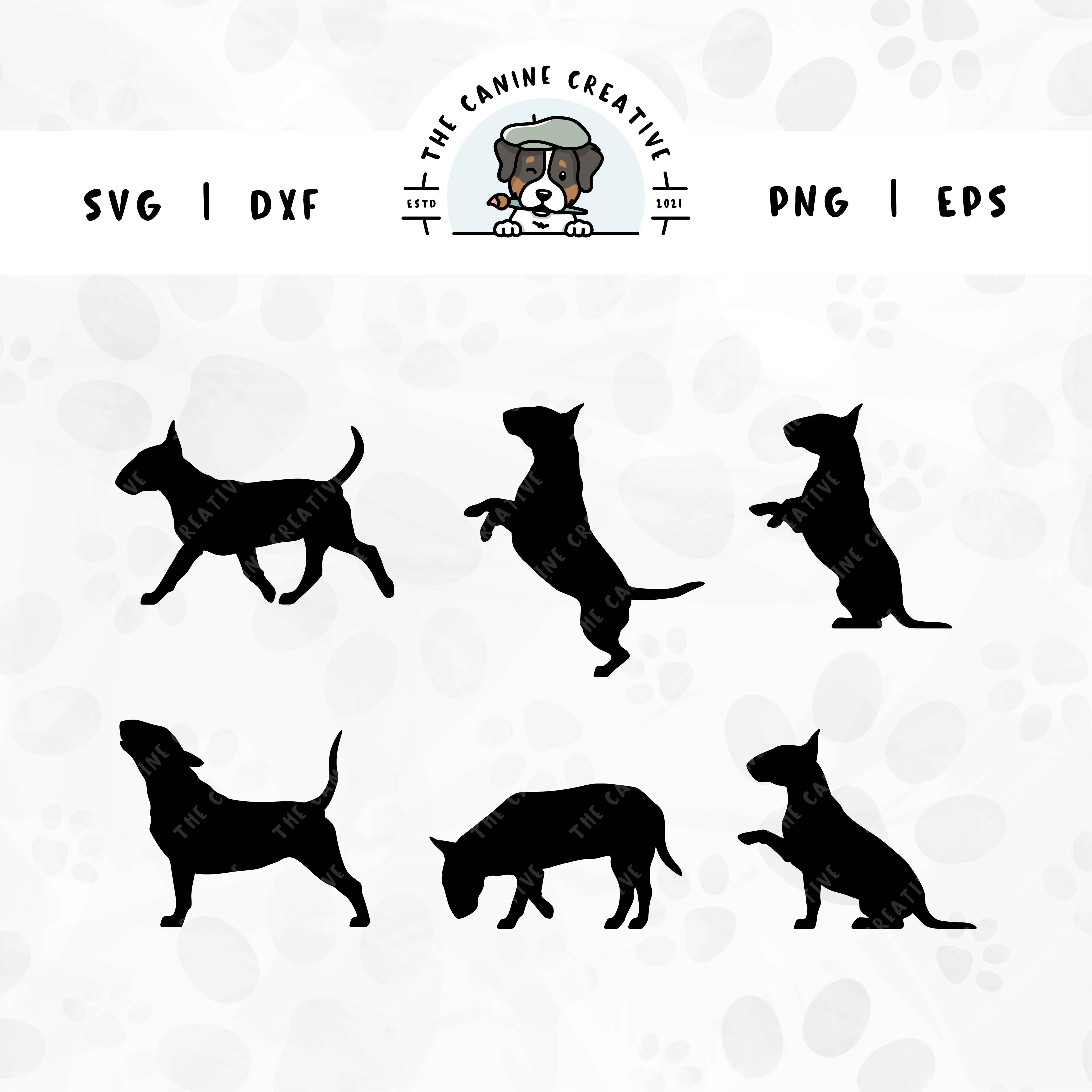 This 6-pack, Bull Terrier silhouette bundle (set 2) features various dog poses including walking, howling, jumping up, begging, sniffing, and shaking a paw. File formats include: SVG, DXF, PNG, and EPS.