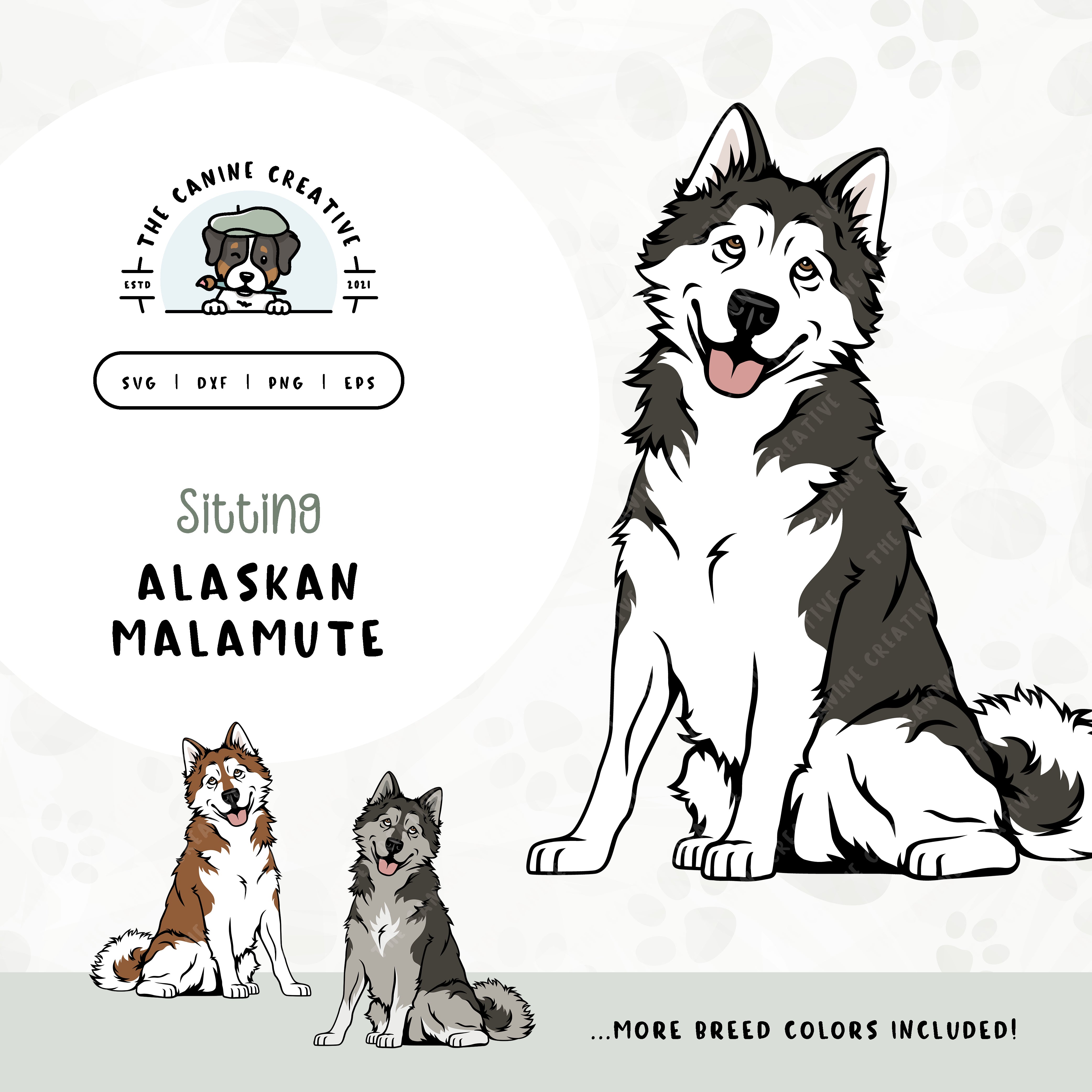 This sitting dog design features an Alaskan Malamute. File formats include: SVG, DXF, PNG, and EPS.