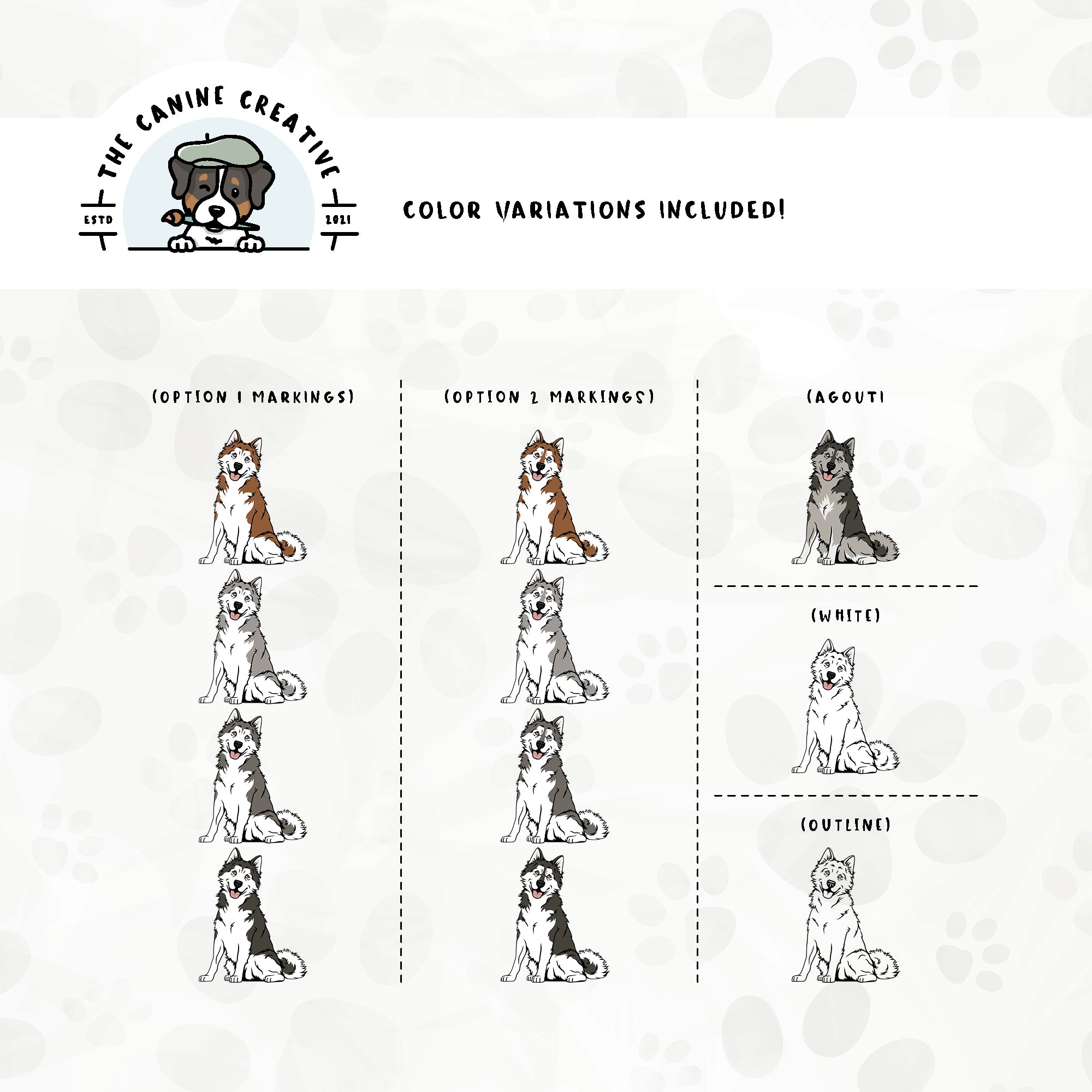 Dog color variations for this design set includes common color and marking variations found in Alaskan Malamutes (bi-color, Agouti, and white), as well as an outline option. 