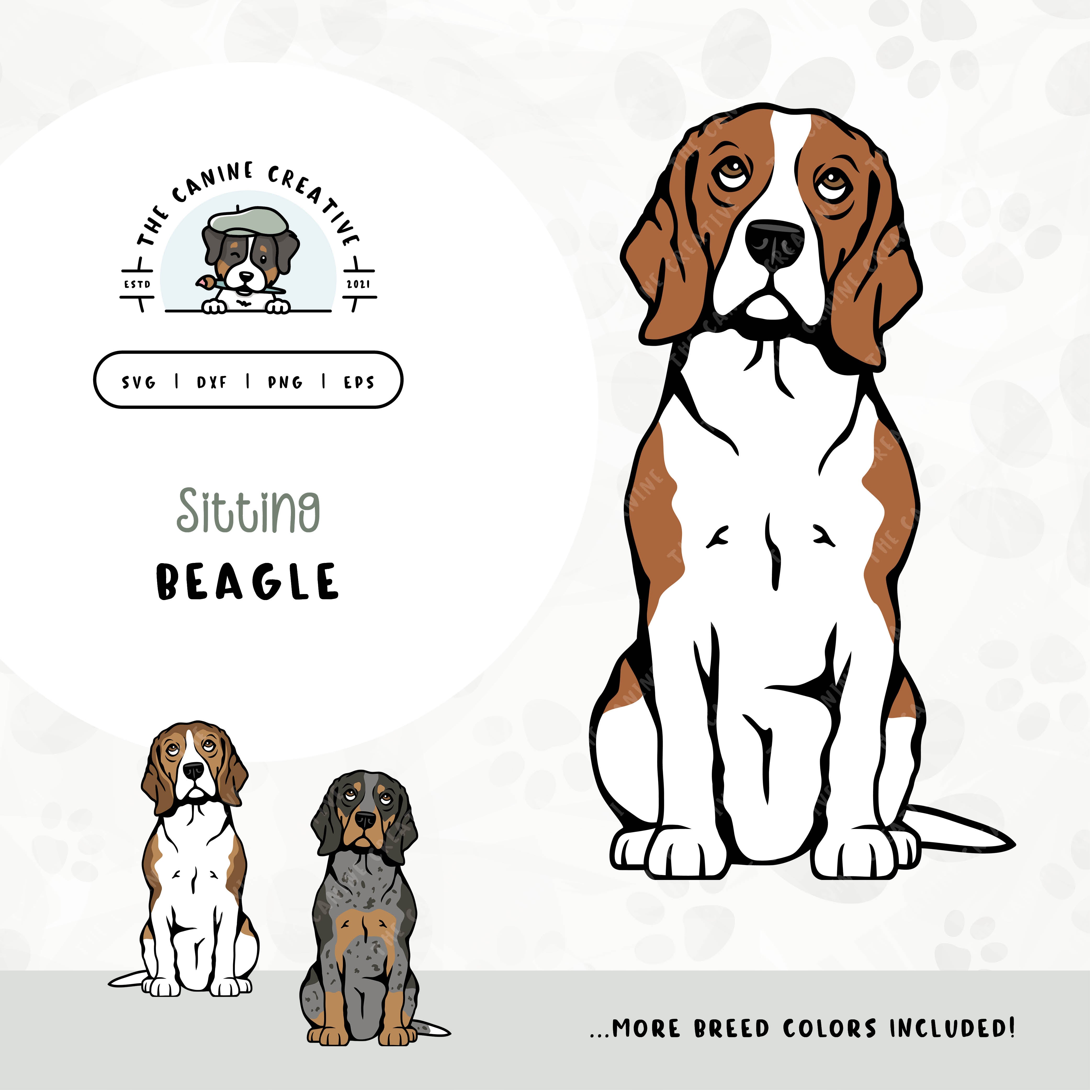 This sitting dog design features a Beagle. File formats include: SVG, DXF, PNG, and EPS.