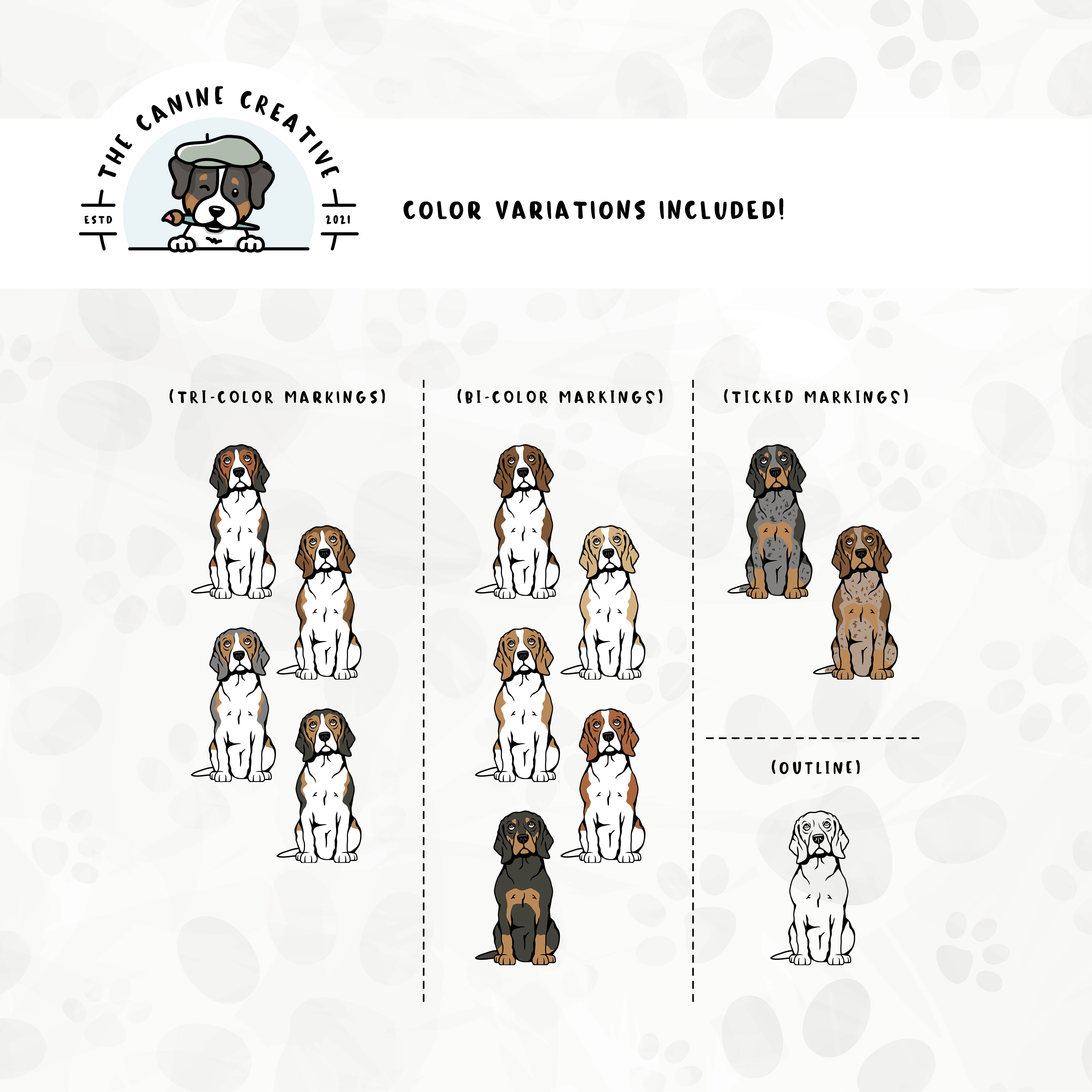 Dog color variations for this design set includes common color and marking variations found in Beagles (bi-color, tri-color, and ticked), as well as an outline option. 