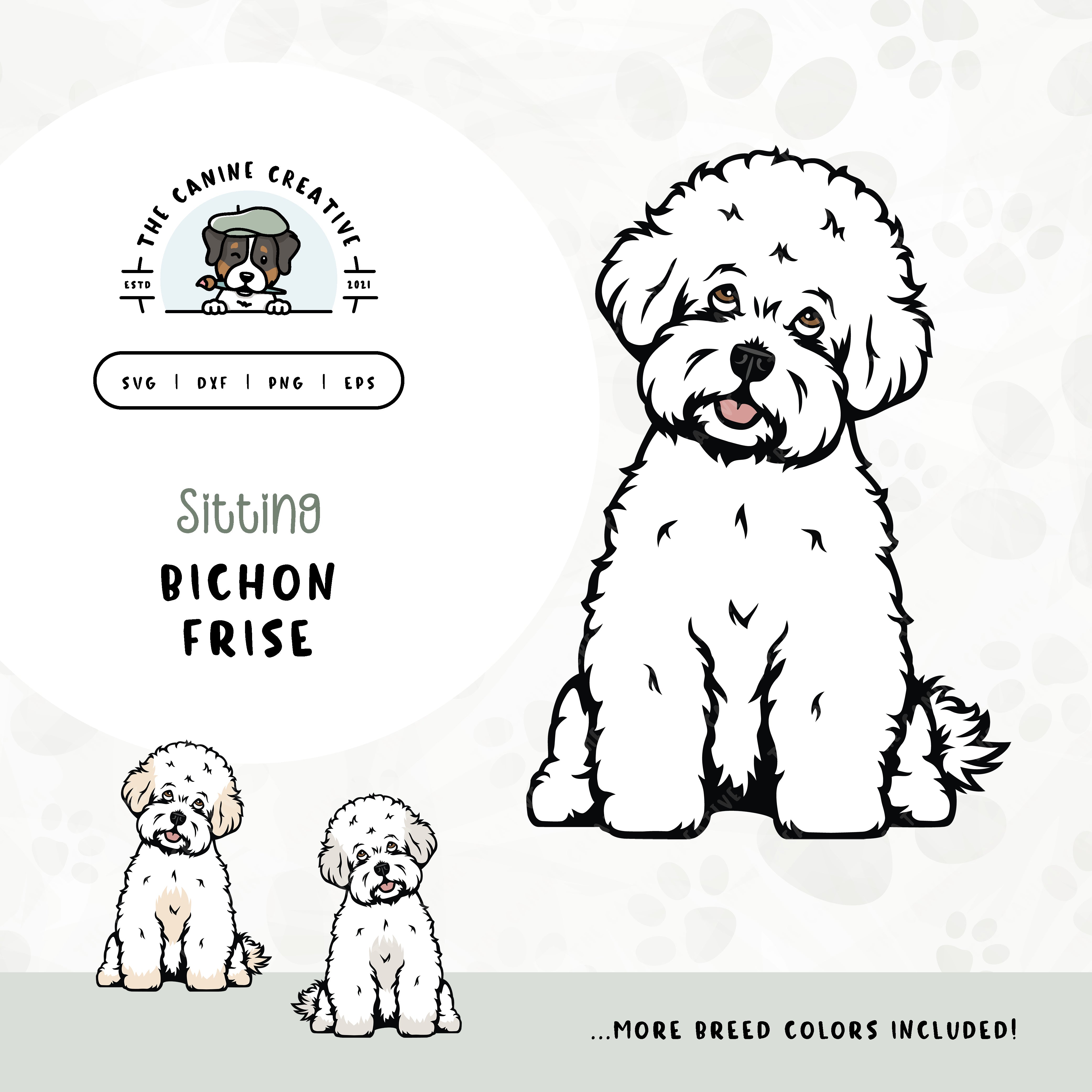 This sitting dog design features a Bichon Frise. File formats include: SVG, DXF, PNG, and EPS.
