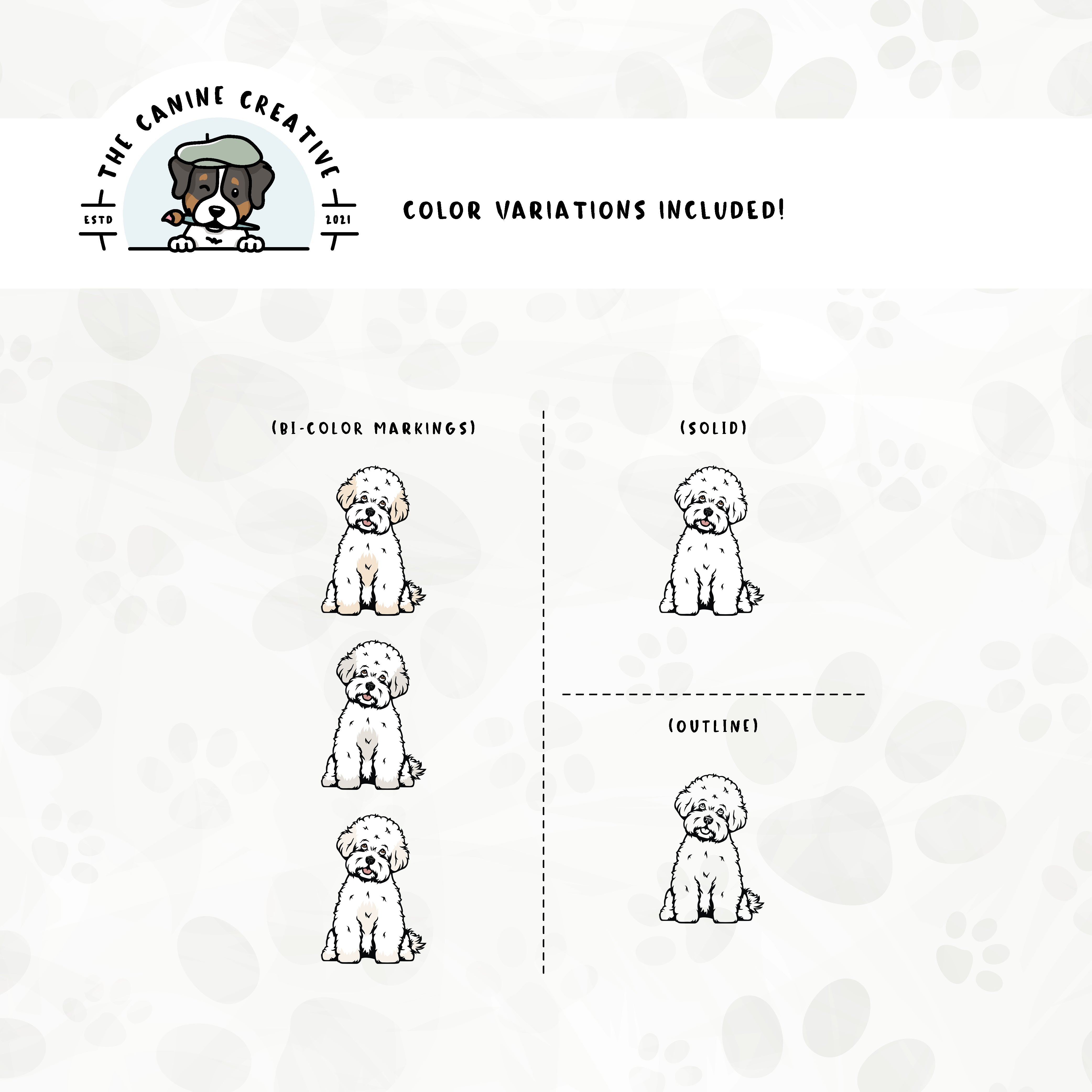Dog color variations for this design set includes common color and marking variations found in Bichons (white, buff, apricot, and cream), as well as an outline option. 