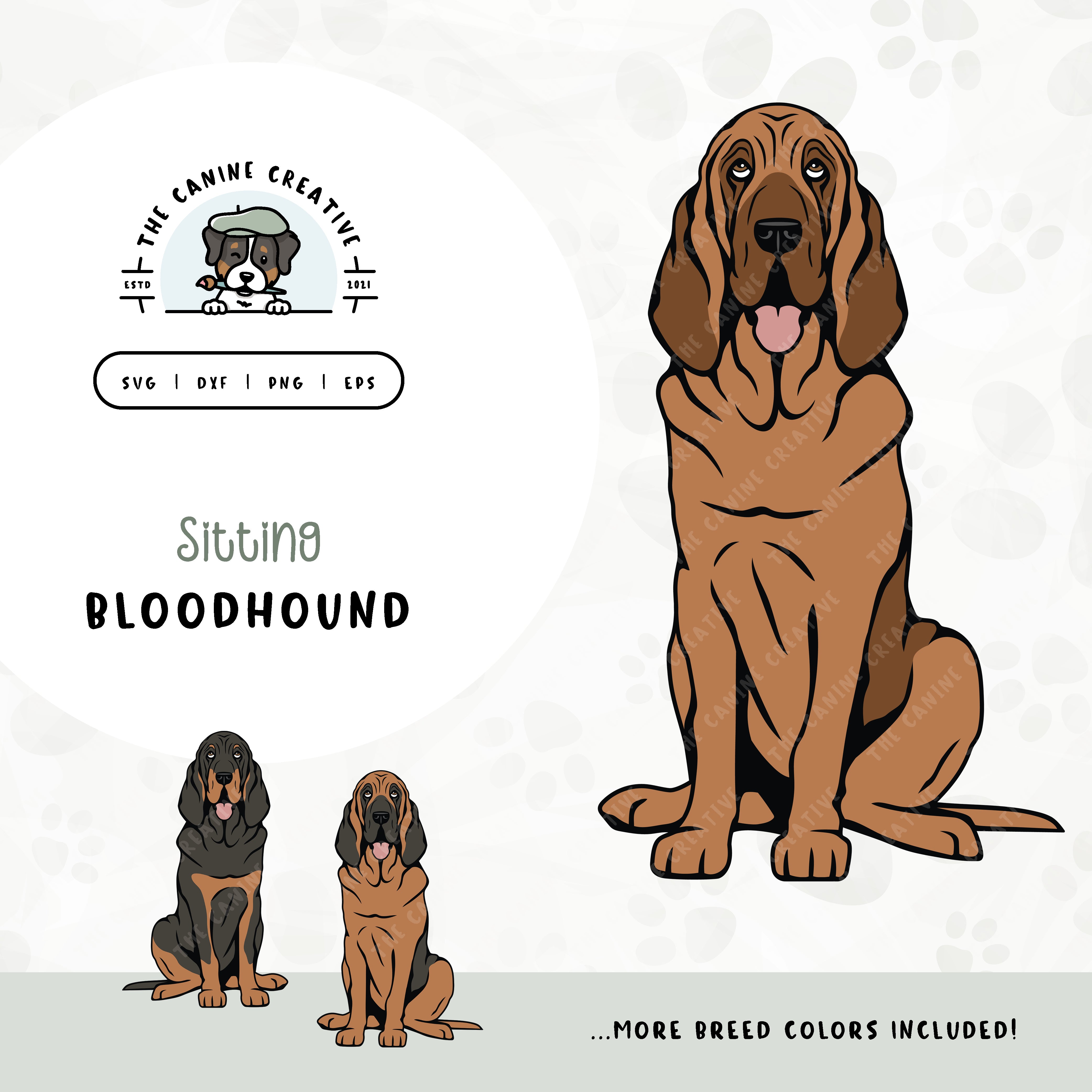 This sitting dog design features a Bloodhound. File formats include: SVG, DXF, PNG, and EPS.