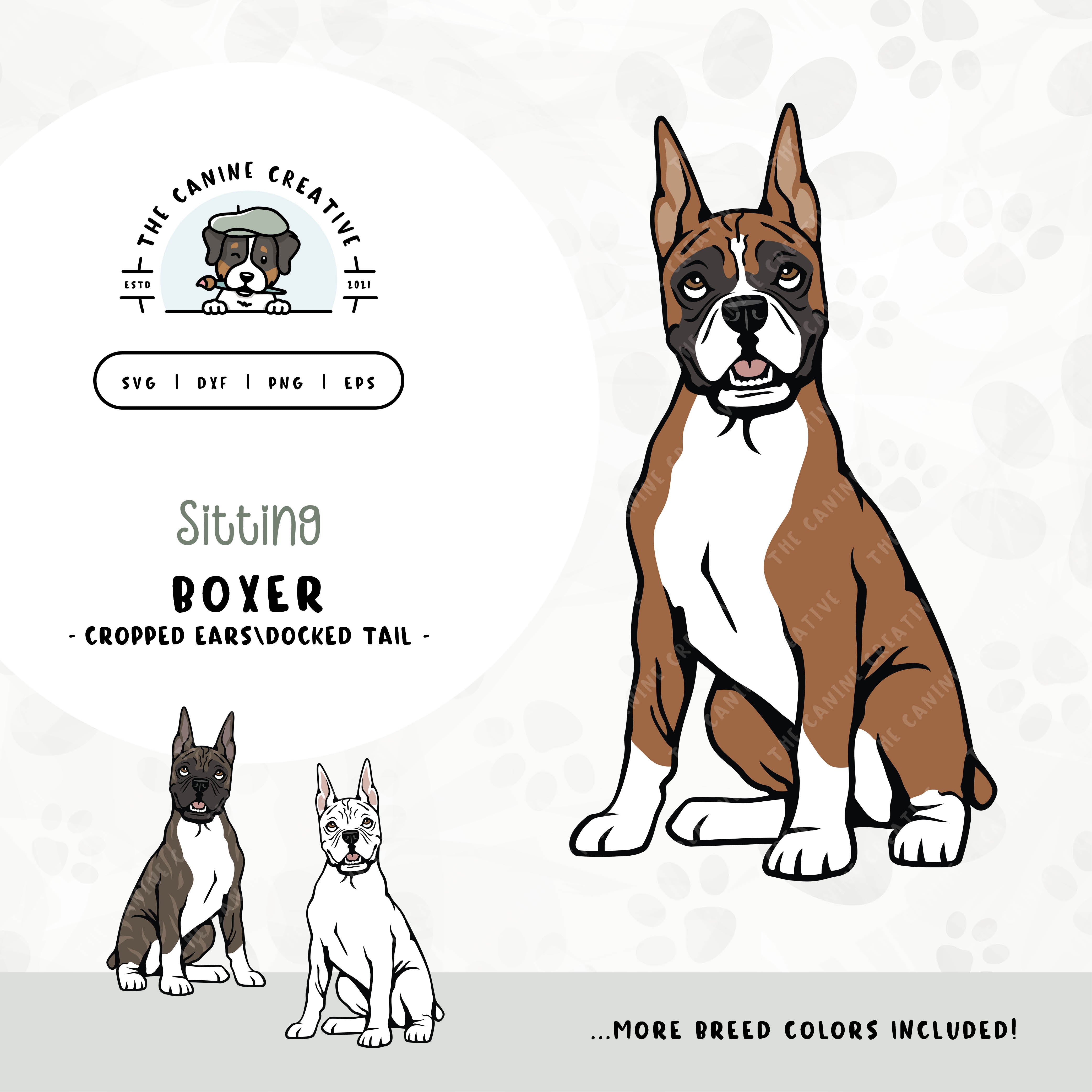 This sitting dog design features a Boxer dog with cropped ears and a docked tail. File formats include: SVG, DXF, PNG, and EPS.
