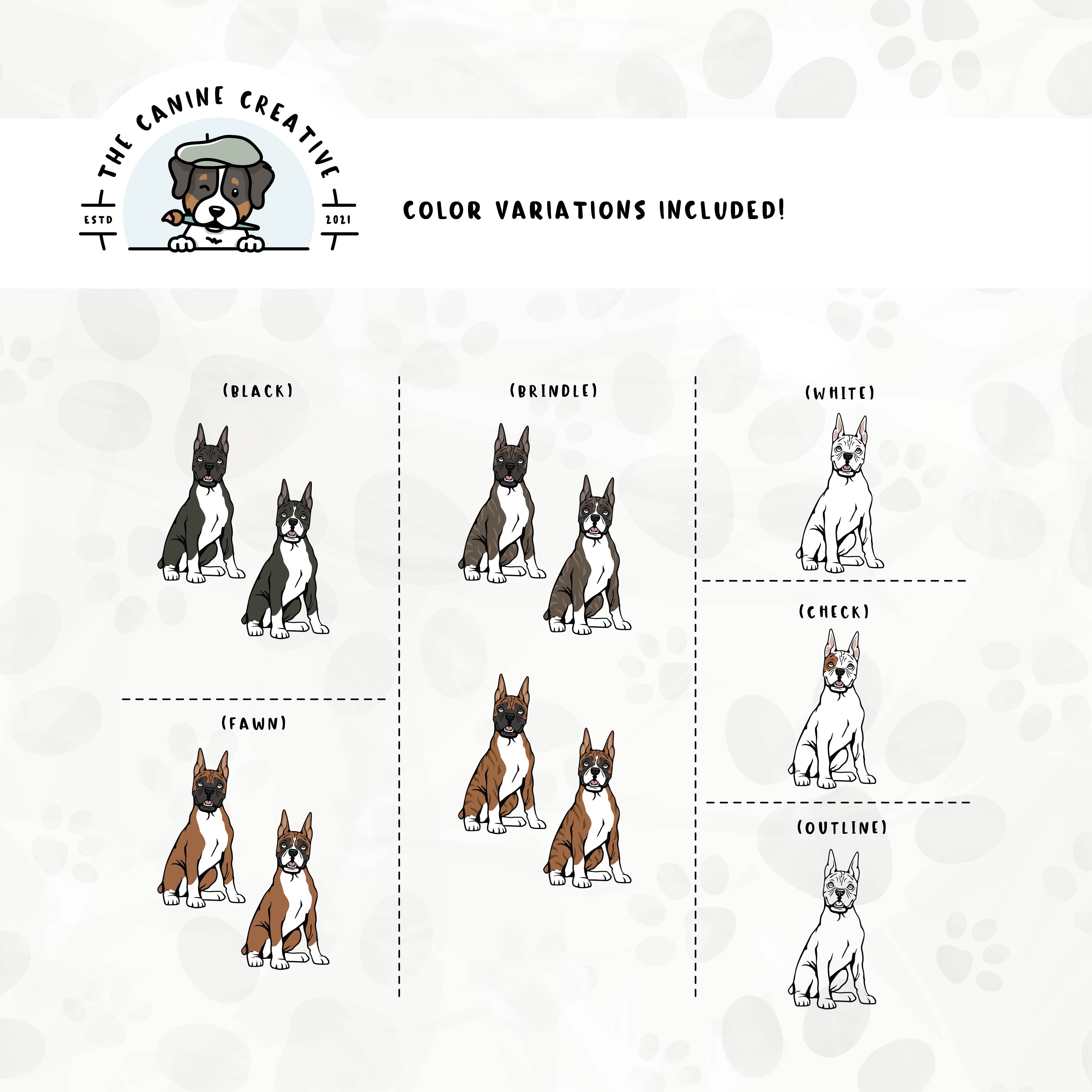 Dog color variations for this Boxer dog design set includes common color and marking variations found in this breed (white, fawn, black, brindle, flashy, classic, and check), as well as an outline option.