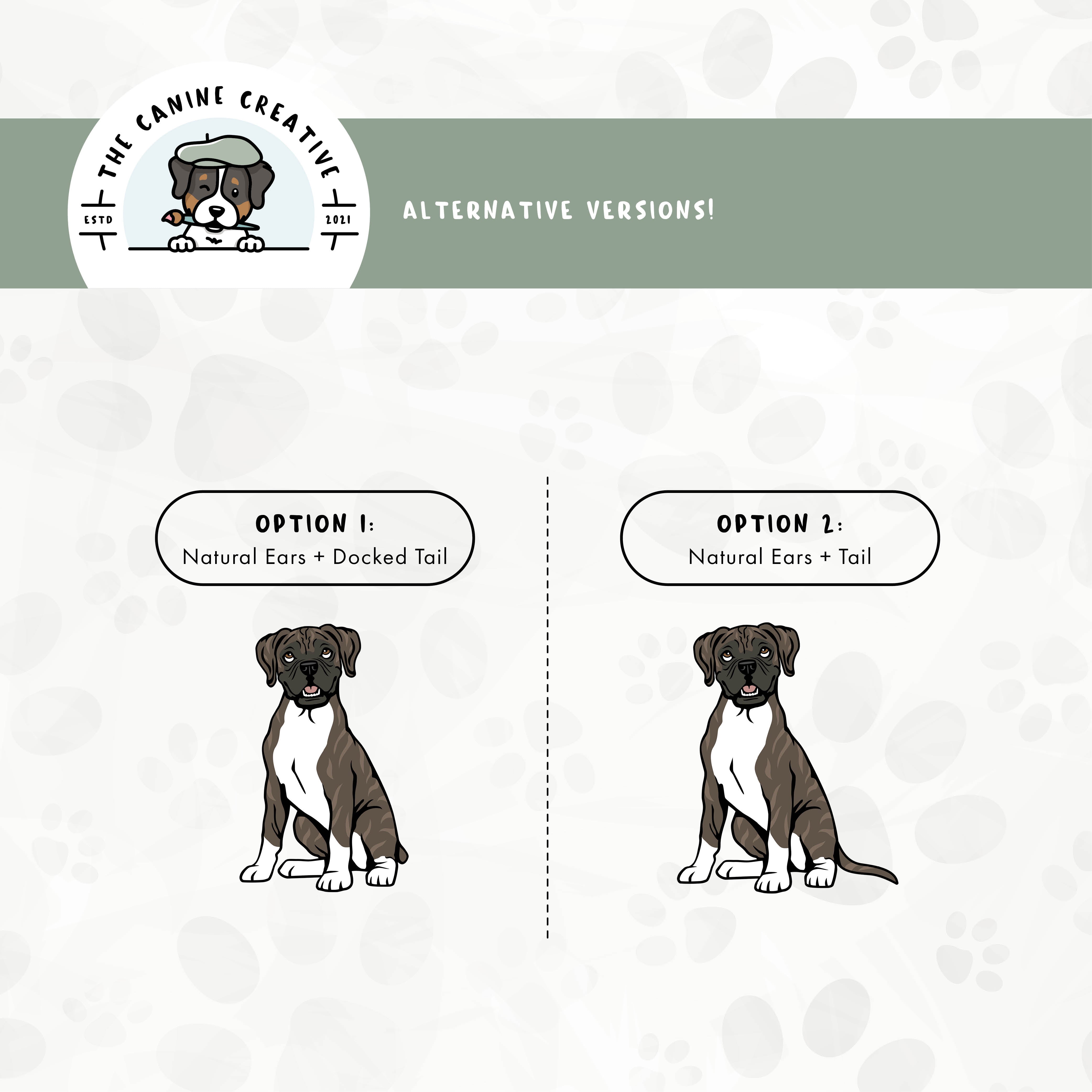 Alternative floppy ear/long tail or floppy ear/docked tail editions are also available for this Boxer dog design bundle.