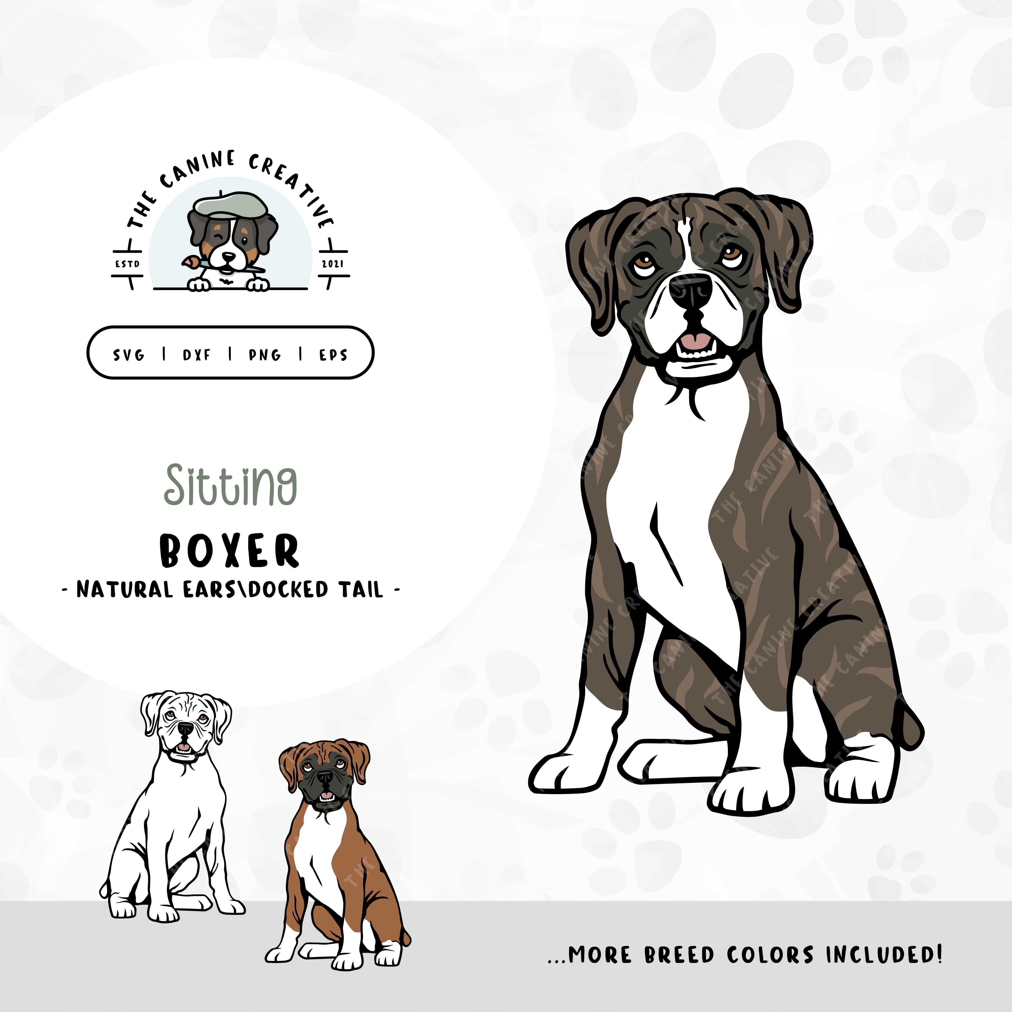 This sitting dog design features a Boxer dog with floppy ears and a docked tail. File formats include: SVG, DXF, PNG, and EPS.