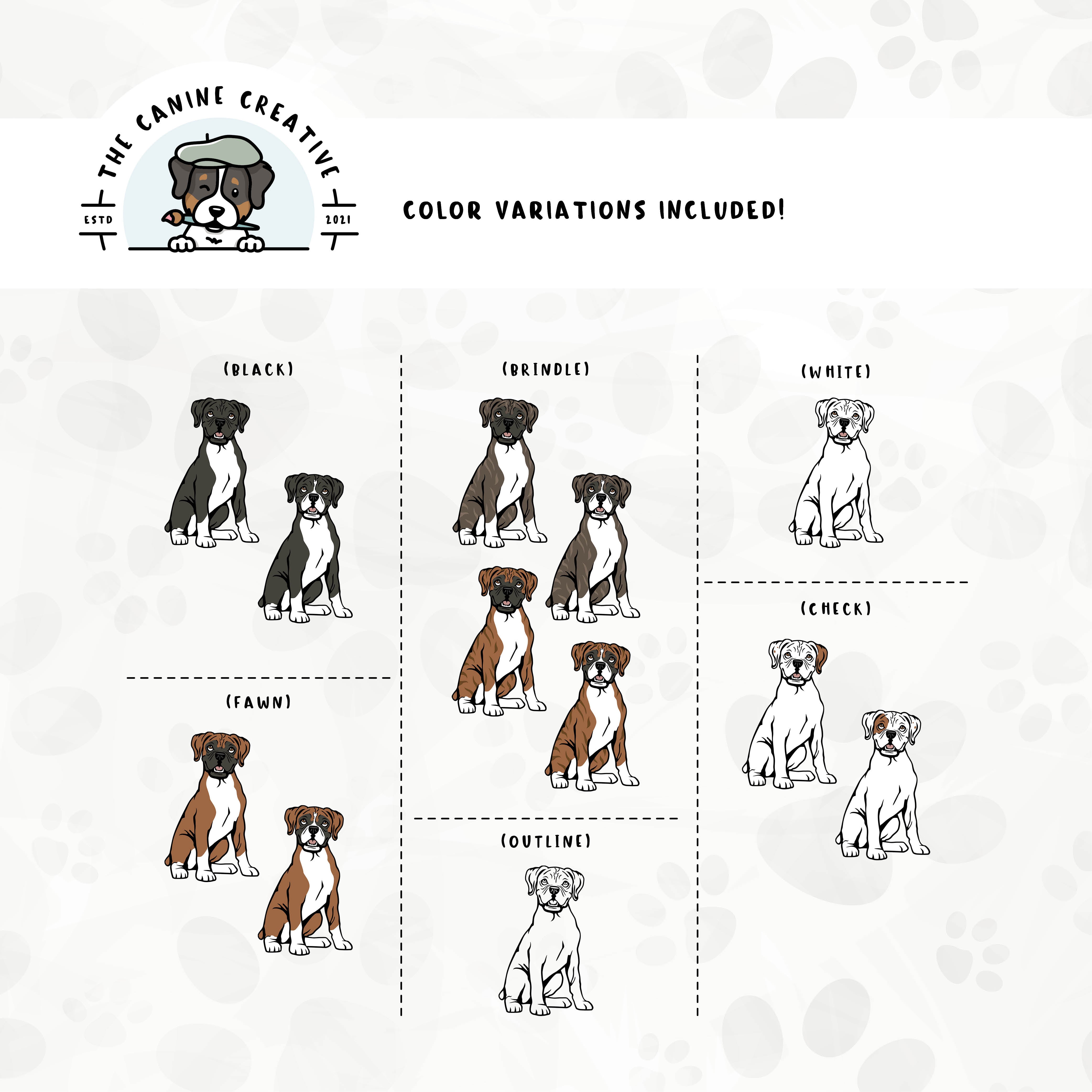 Dog color variations for this Boxer dog design set includes common color and marking variations found in this breed (white, fawn, black, brindle, flashy, classic, and check), as well as an outline option.