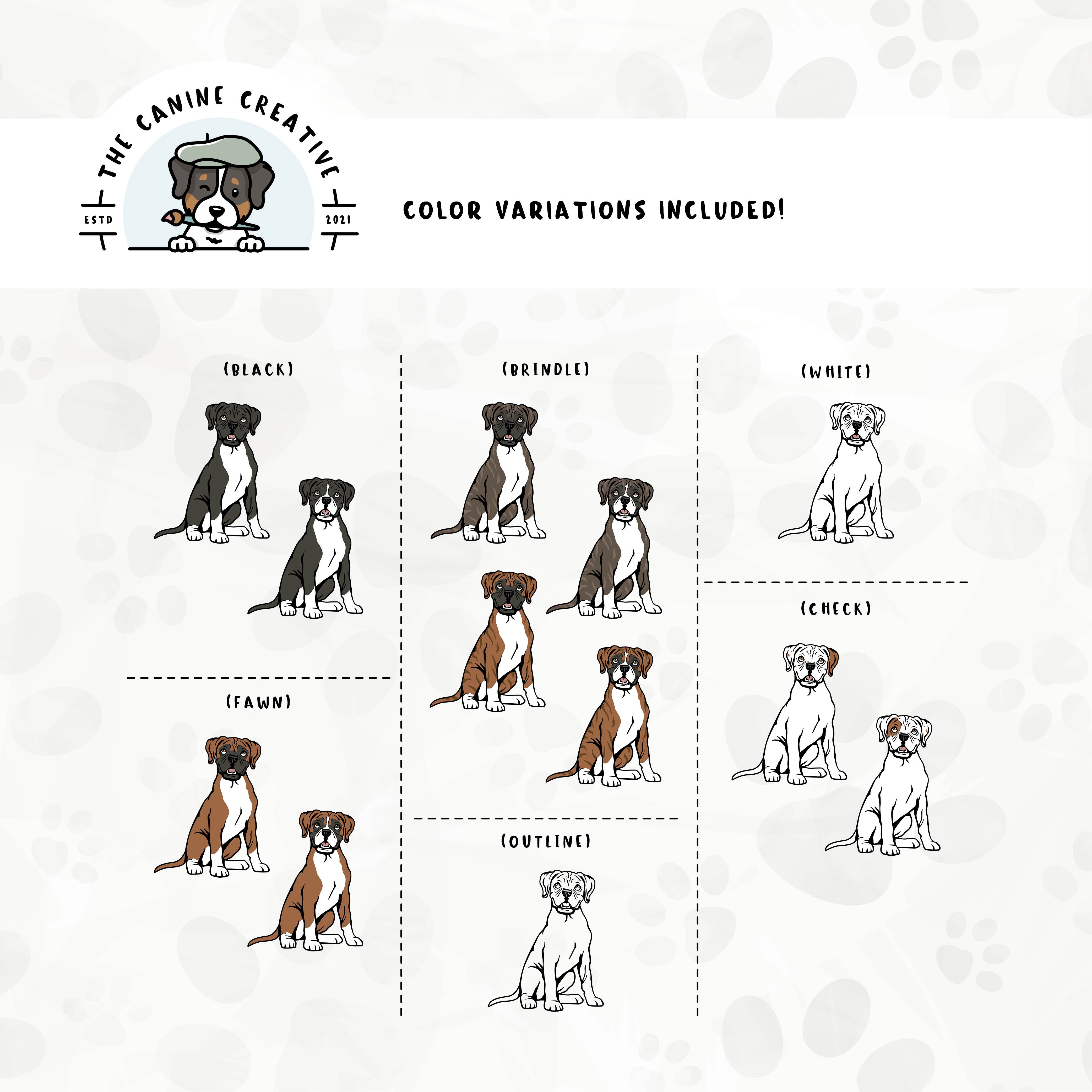 Dog color variations for this Boxer dog design set includes common color and marking variations found in this breed (white, fawn, black, brindle, flashy, classic, and check), as well as an outline option.