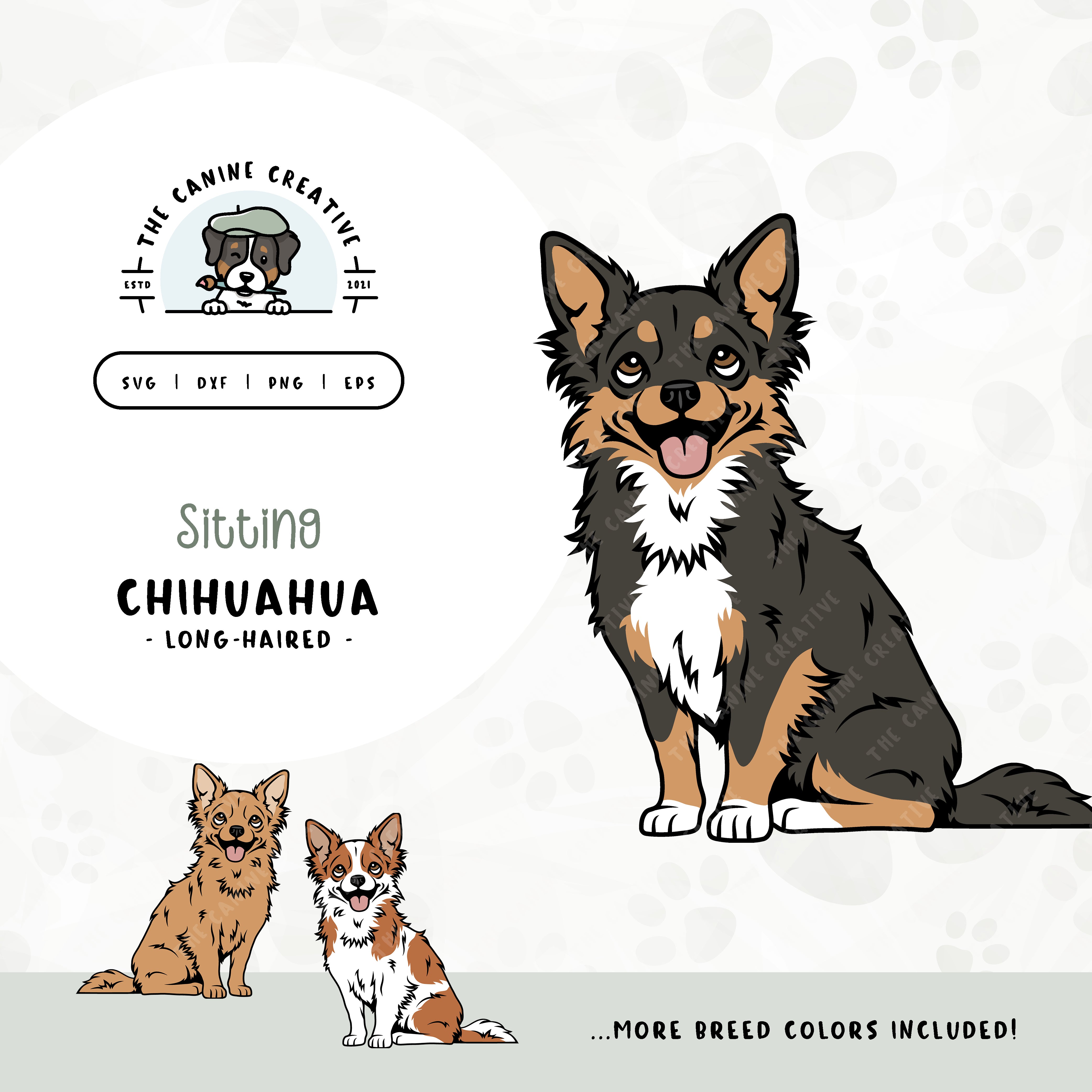 This sitting dog design features a Long Haired Chihuahua. File formats include: SVG, DXF, PNG, and EPS.