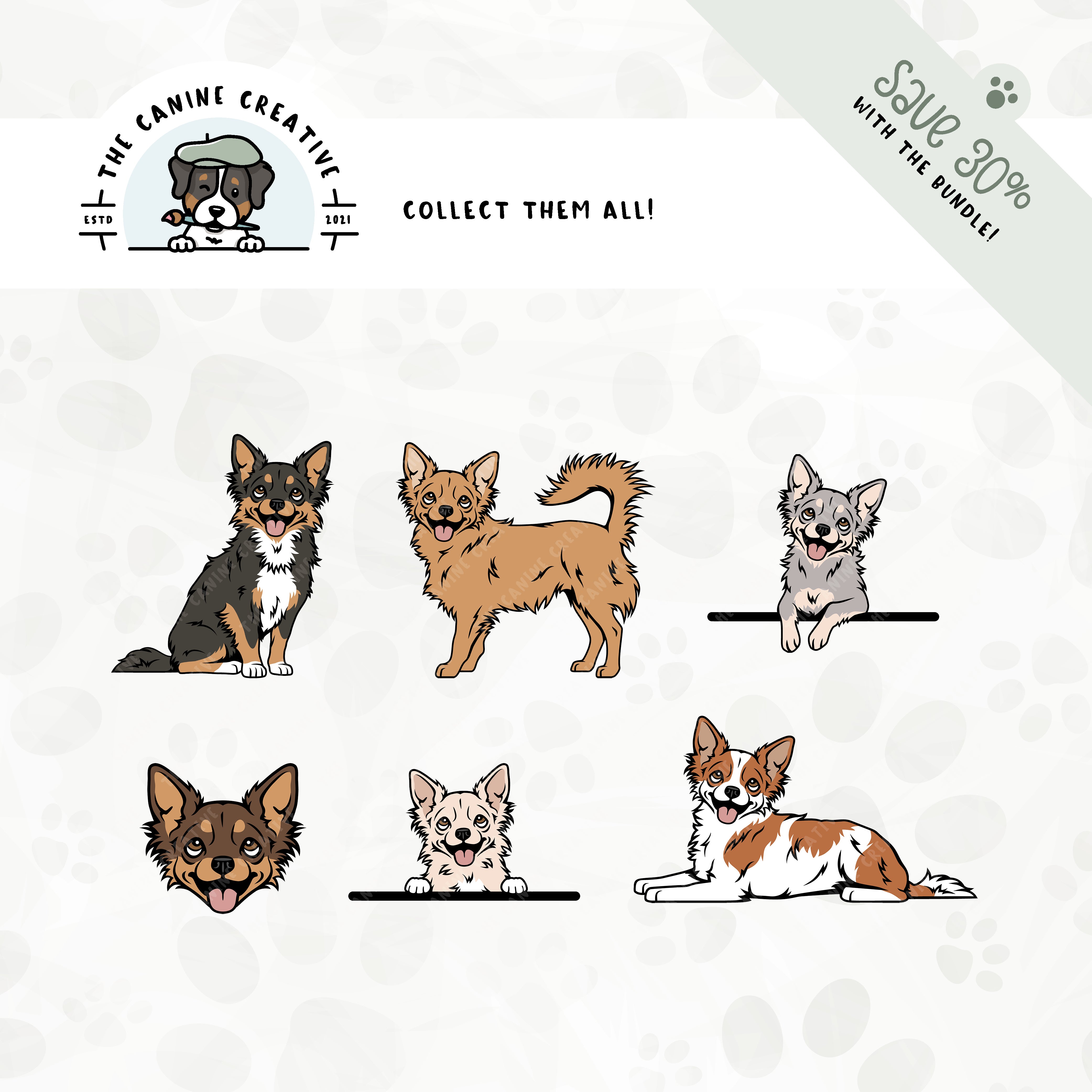 Save 30% with our related 6-pack Long Haired Chihuahua illustration bundle!