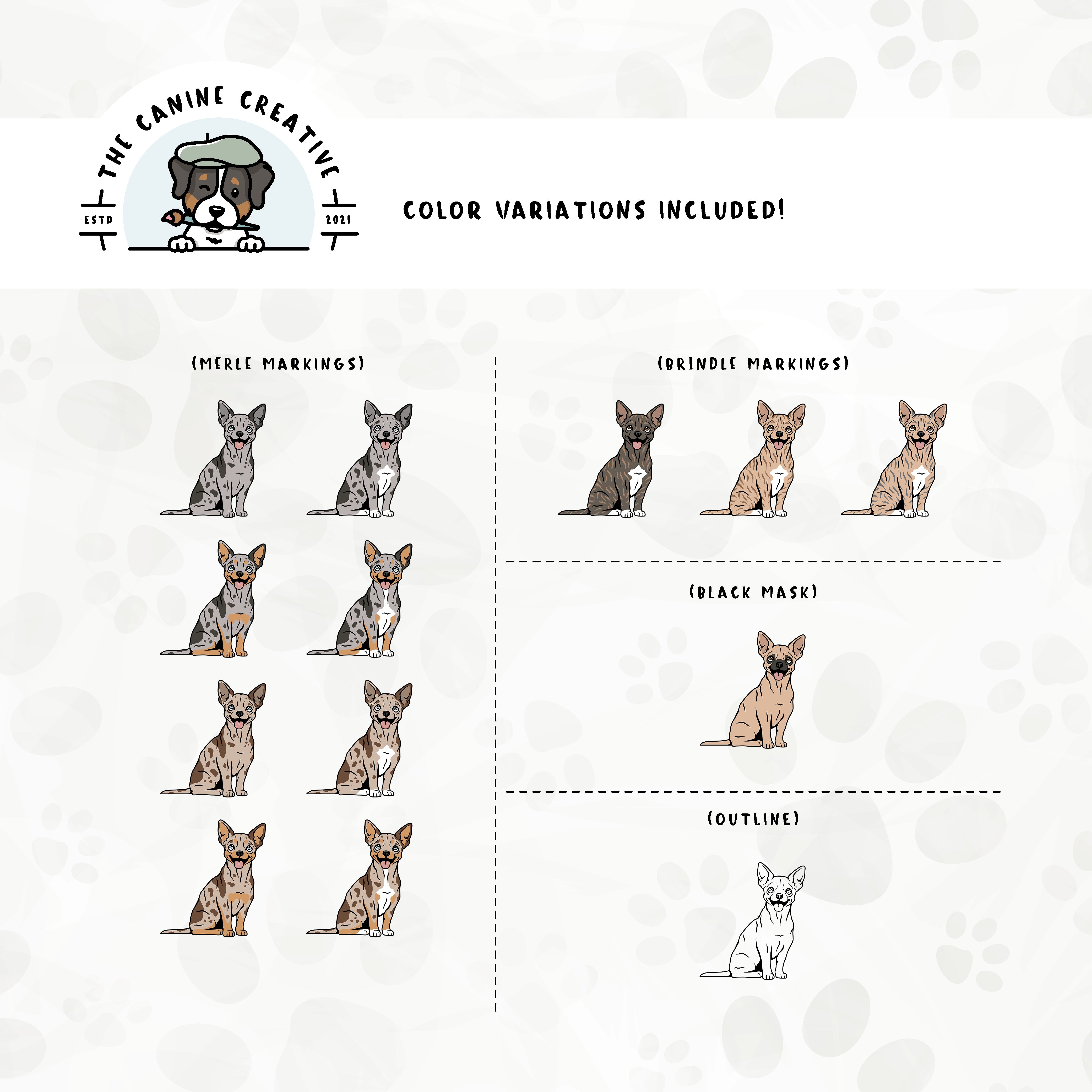 Part 3 of this design set includes Chihuahuas with merle, brindle, and black mask markings, along with an outline option.