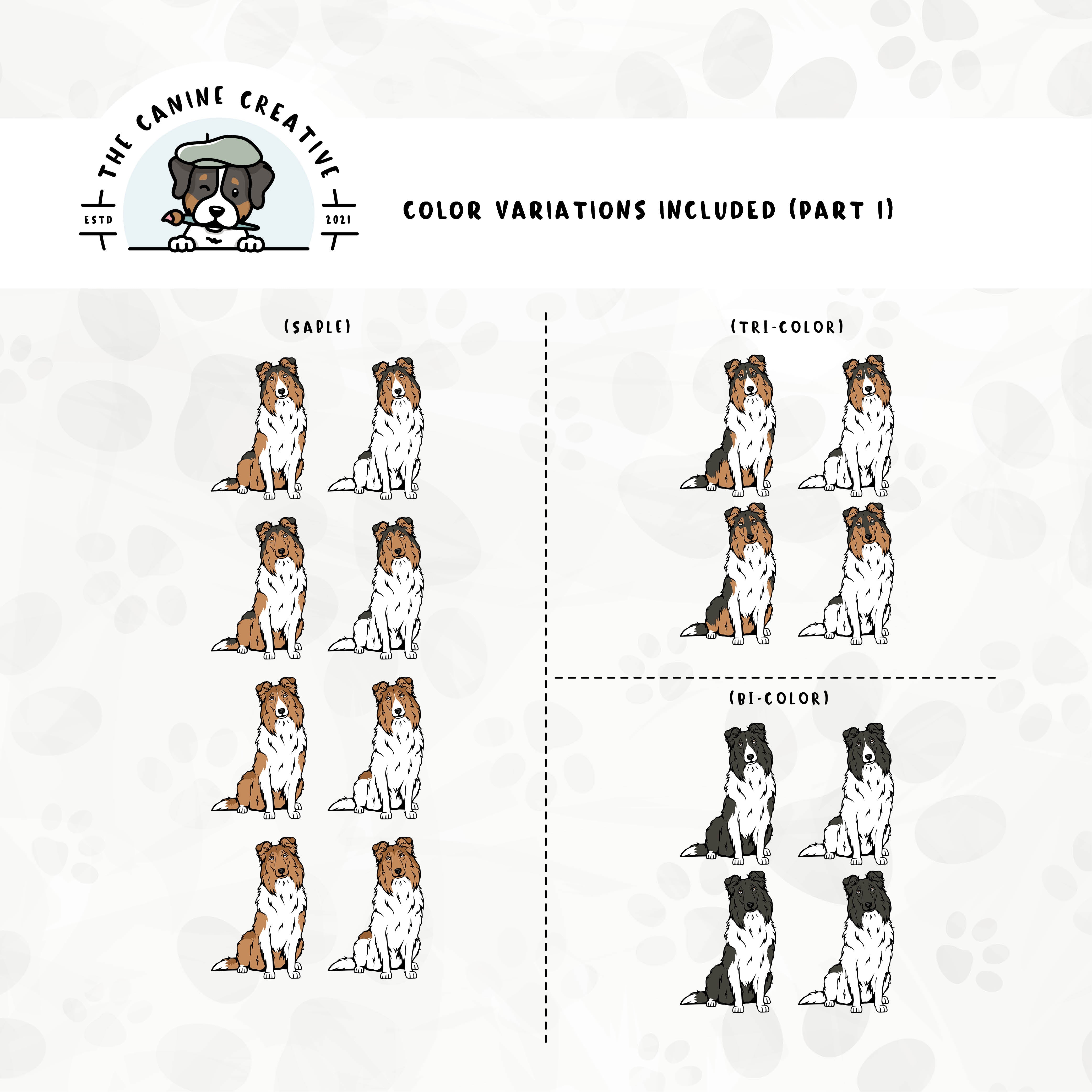Part 1 of dog color variations for this design bundle includes bi-black, sable, and tri-color in standard and white-factored markings.