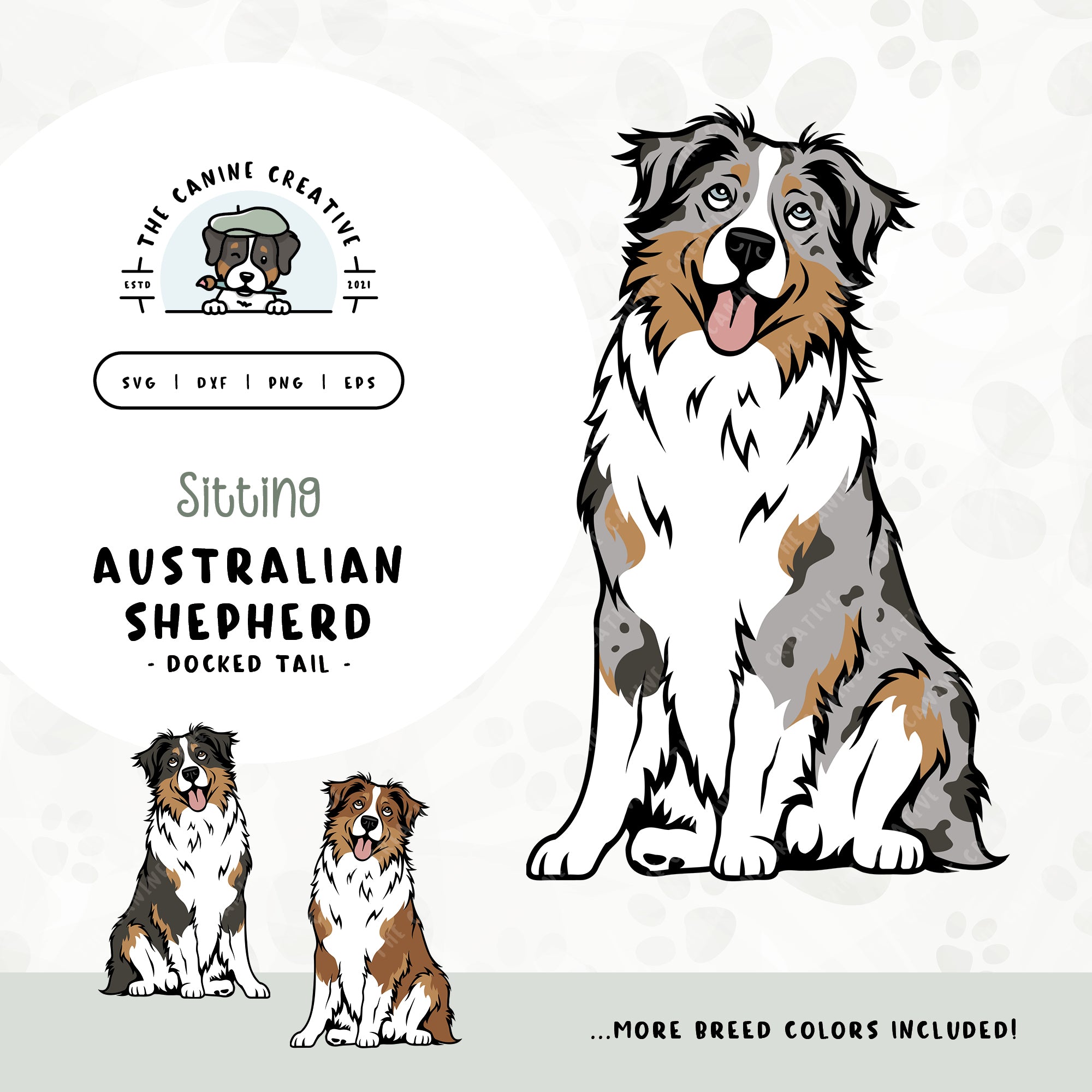 This sitting dog design features an Australian Shepherd with a docked tail. File formats include: SVG, DXF, PNG, and EPS.
