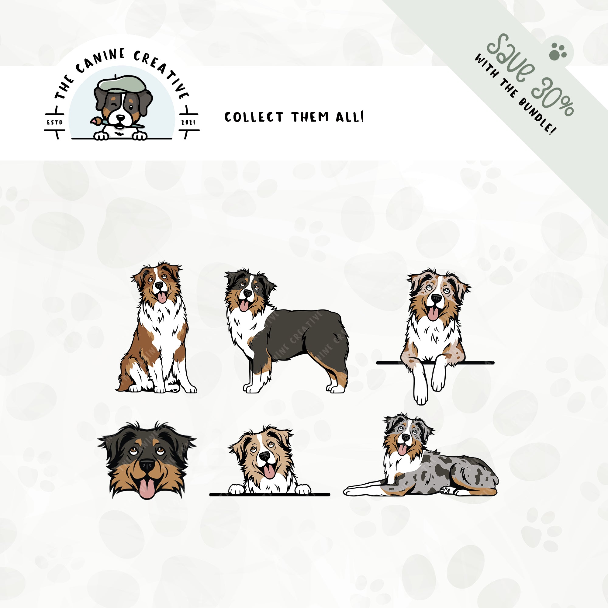 Save 30% with our related 6-pack, docked tail Australian Shepherd design bundle!