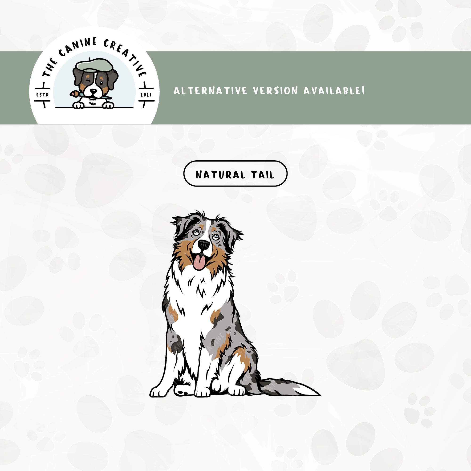 A long tail version is also available for this sitting Australian Shepherd design.