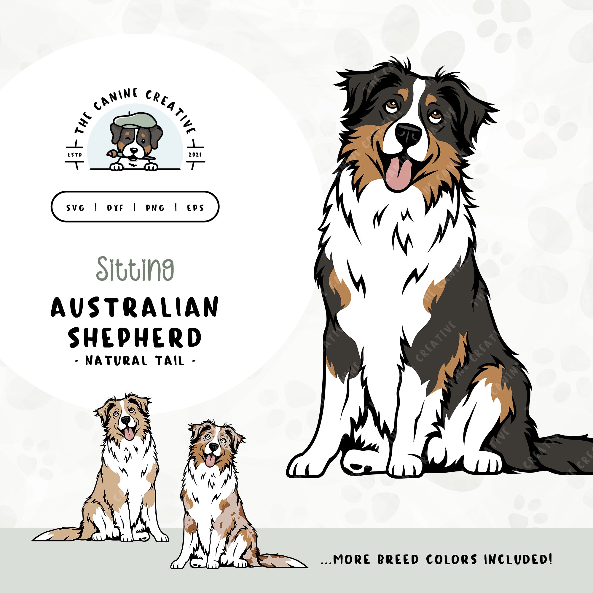 This sitting dog design features an Australian Shepherd with a long tail. File formats include: SVG, DXF, PNG, and EPS.