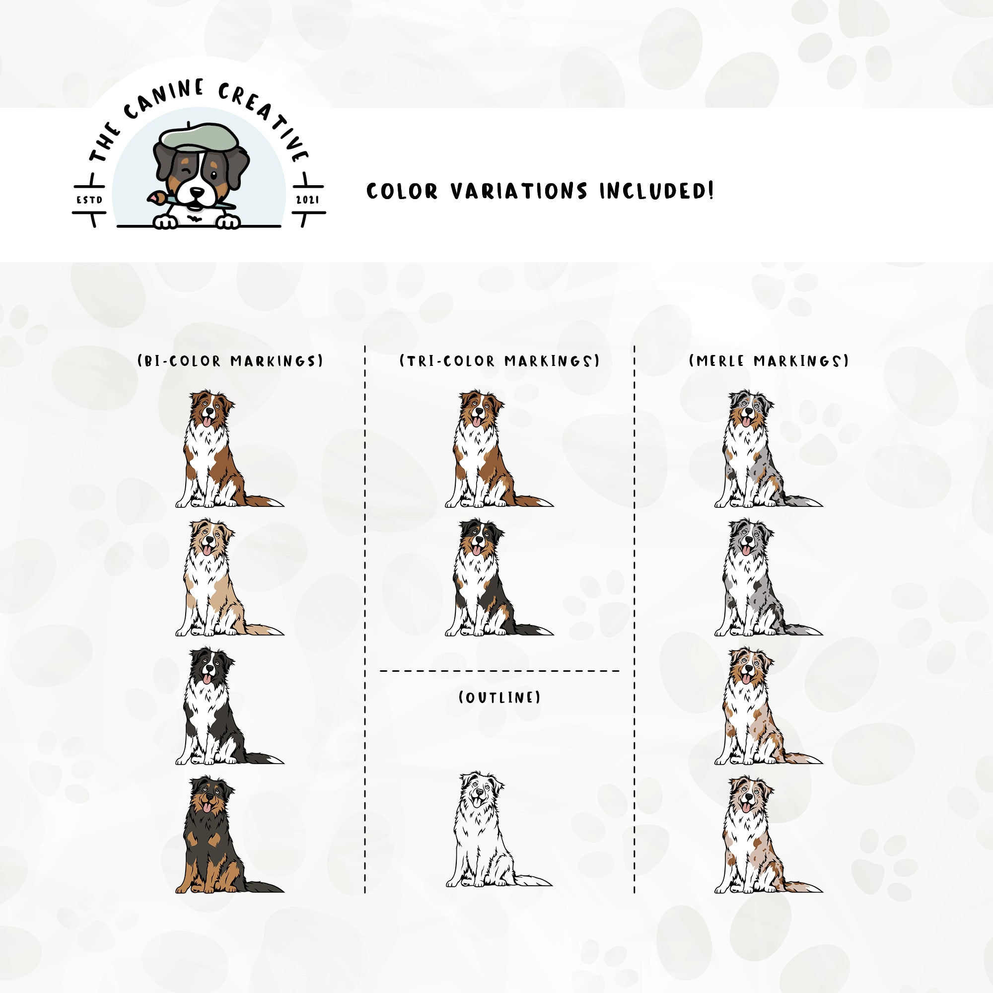 Dog color variations for this design set includes common color and marking variations found in Aussies (bi, tri, and Merle), as well as an outline option. 