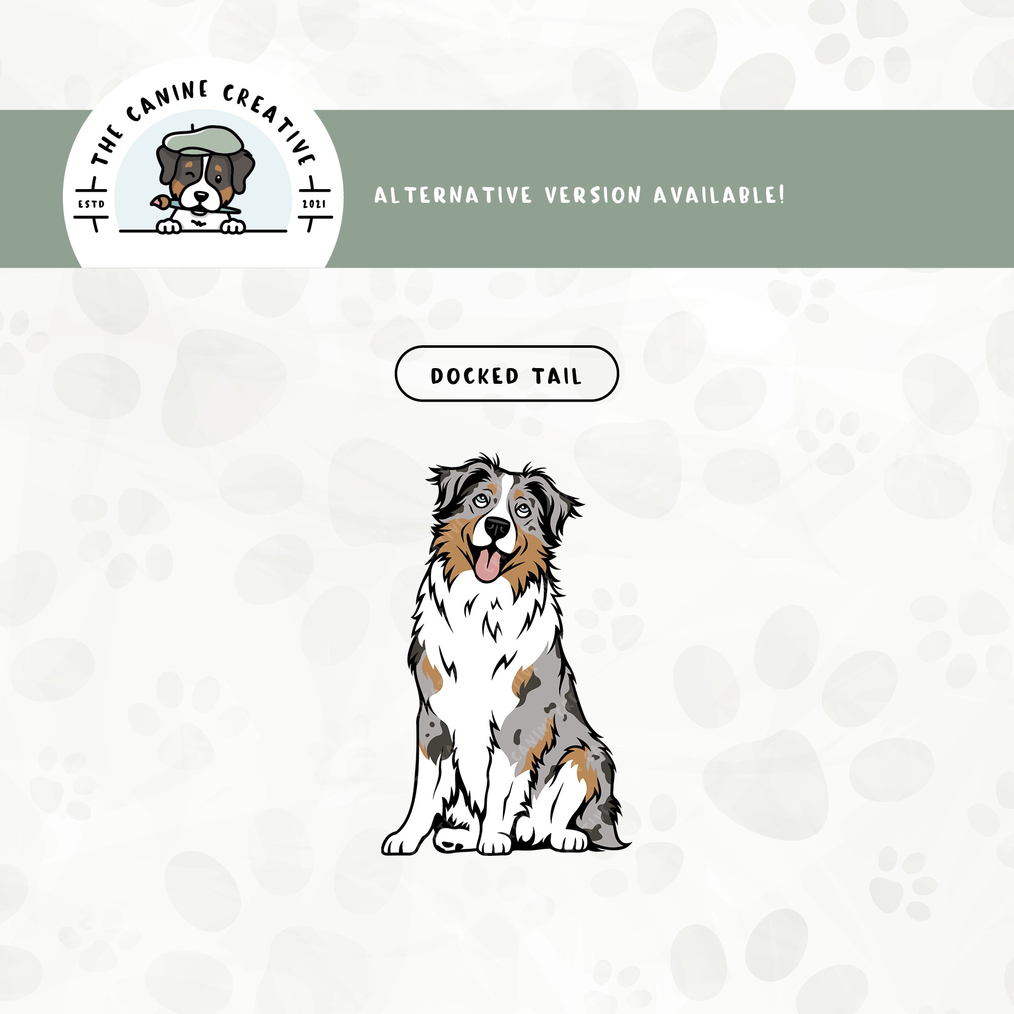 A docked tail version is also available for this sitting Australian Shepherd design.
