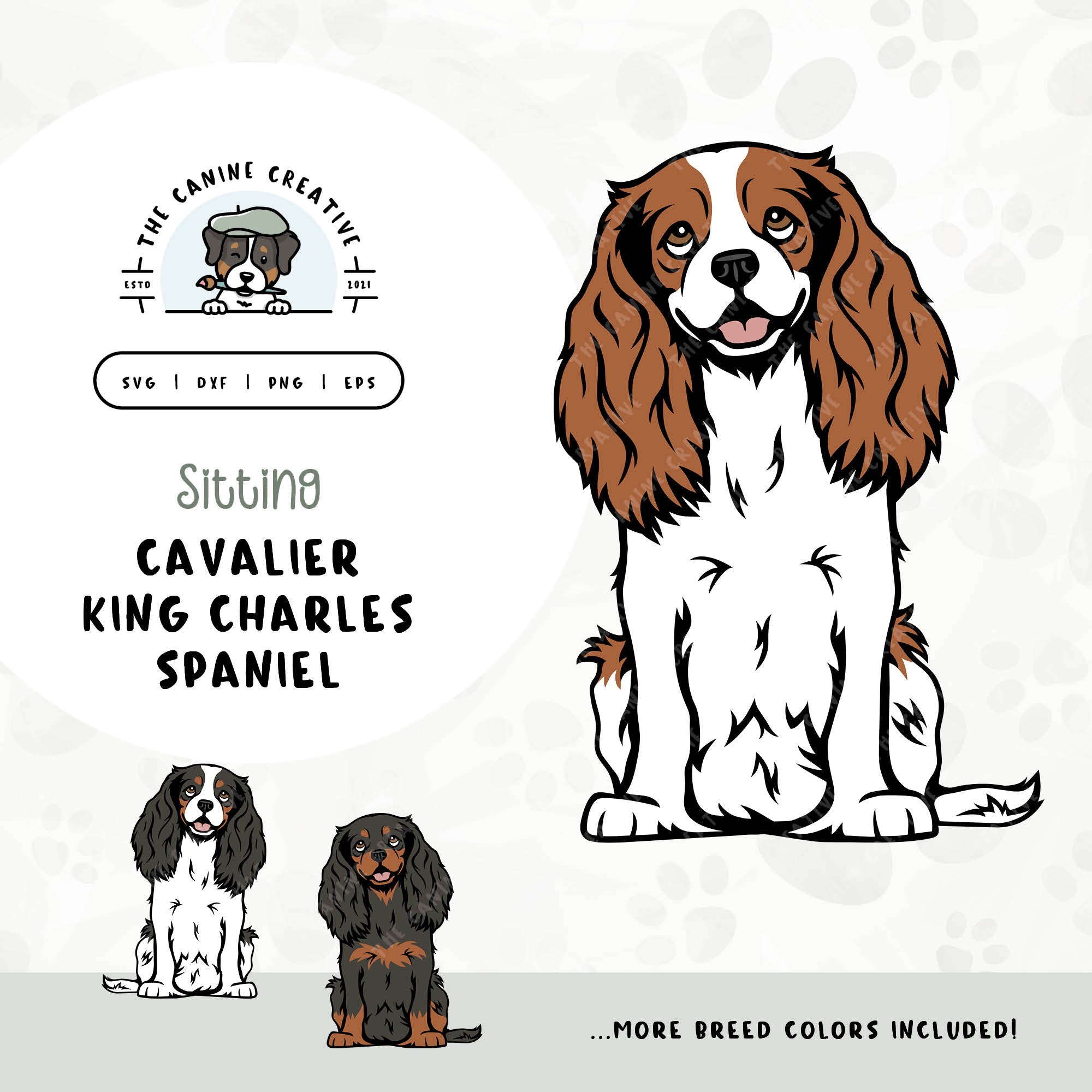 This sitting dog design features a Cavalier King Charles Spaniel. File formats include: SVG, DXF, PNG, and EPS.