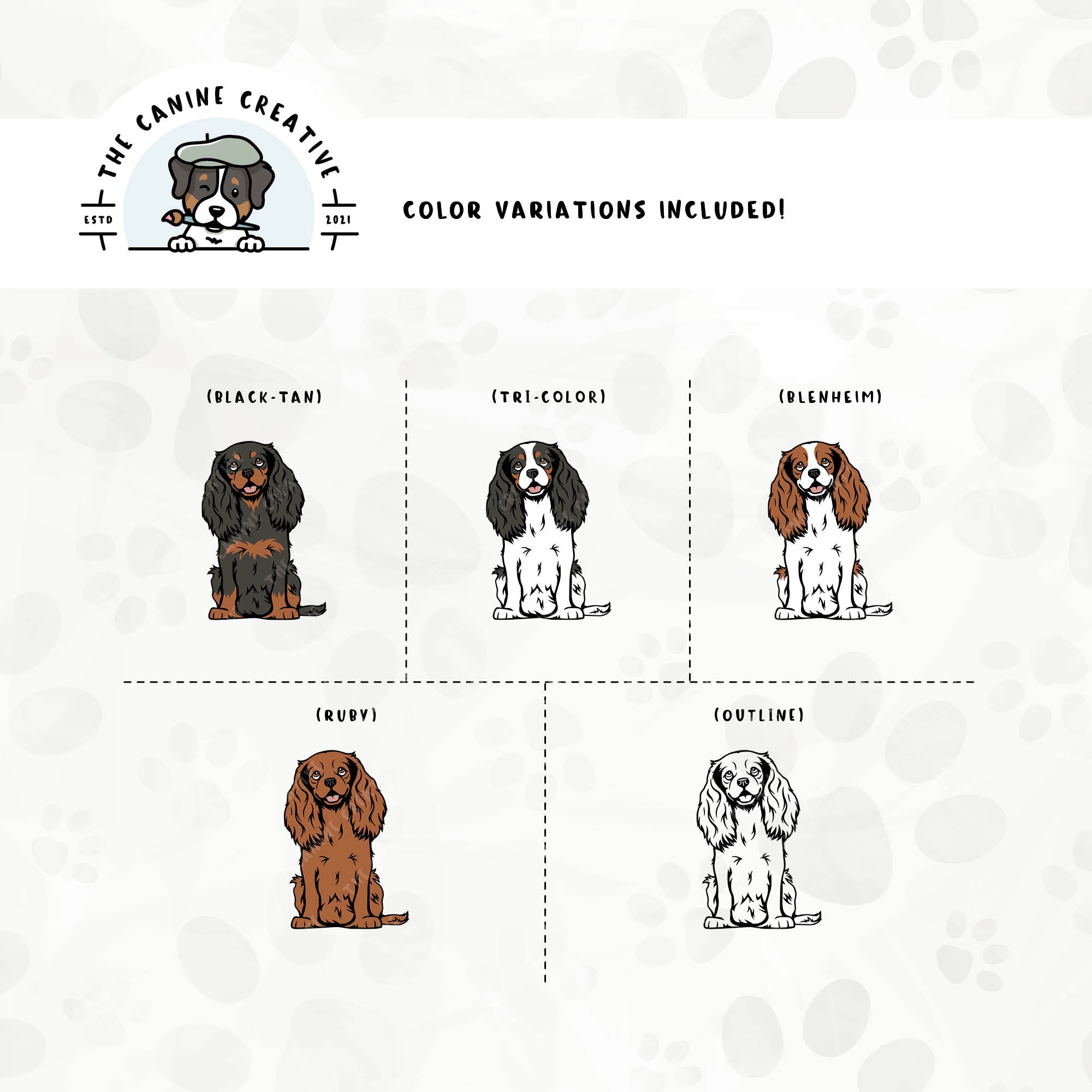 Dog color variations for this Cavalier King Charles Spaniel design set includes common color and marking variations found in this breed (blenheim, tri-color, black-tan, and ruby), as well as an outline option.