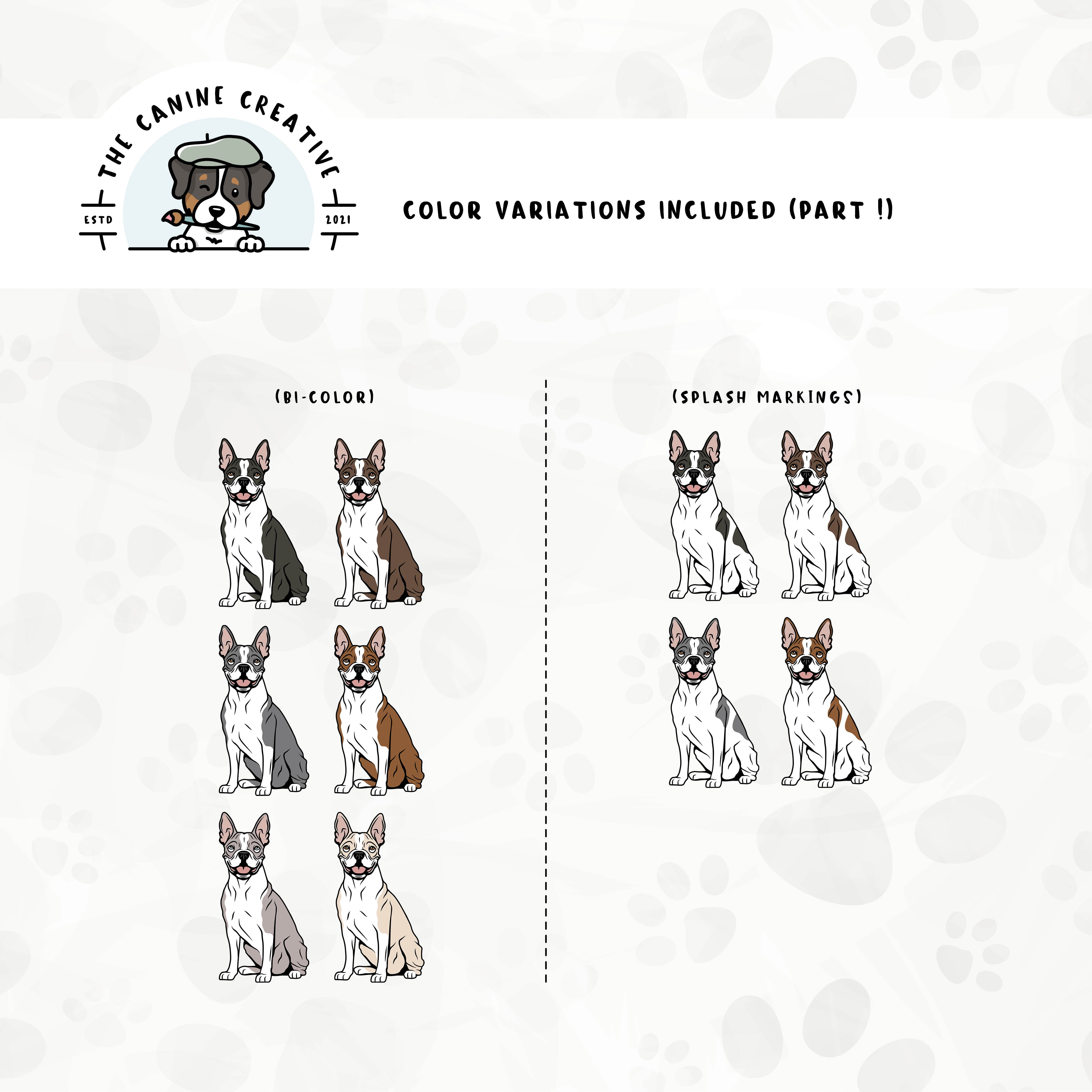 Part 1 of dog color variations for this Boston design set includes multiple bi-color options in standard and splash markings.