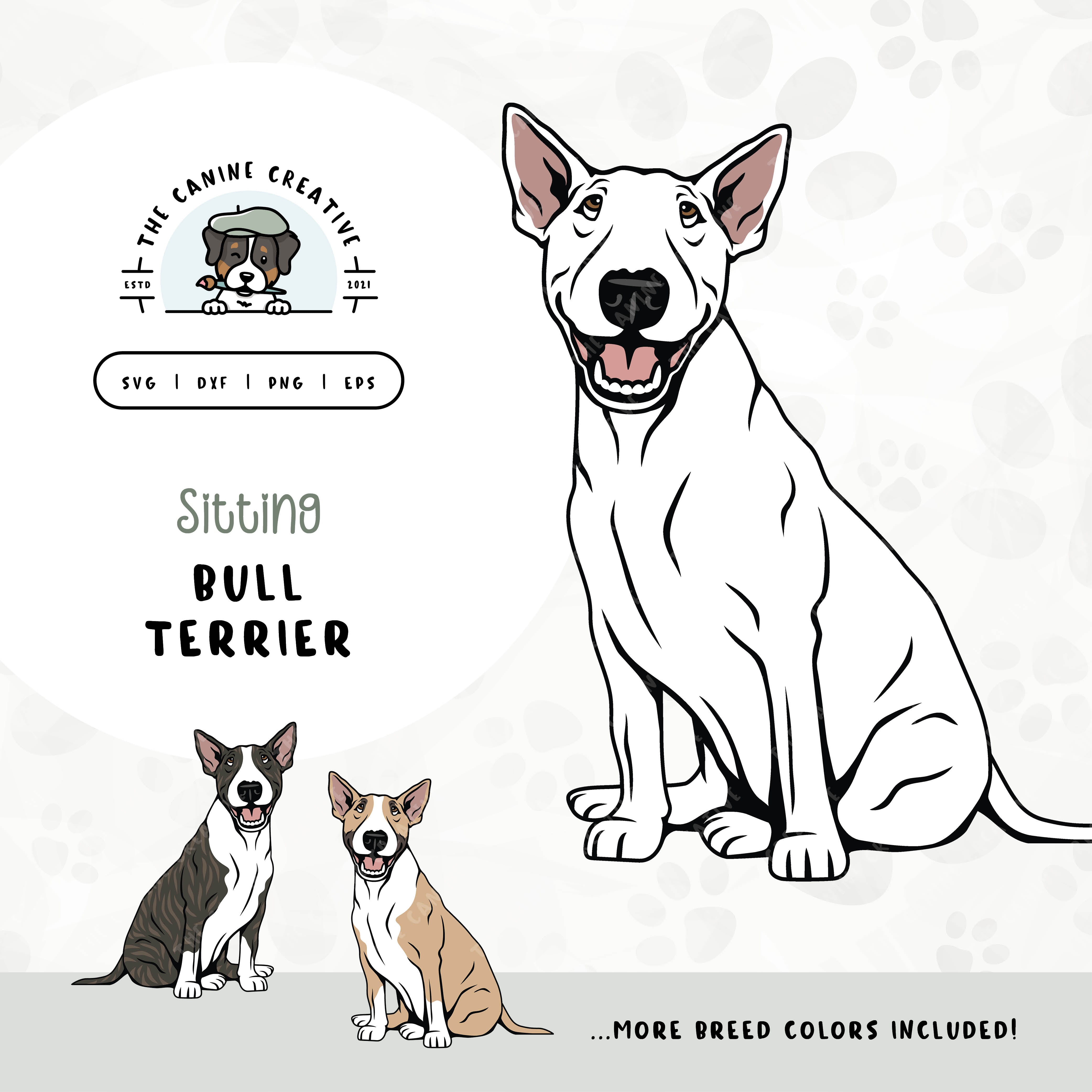 This sitting dog design features a Bully Terrier. File formats include: SVG, DXF, PNG, and EPS.