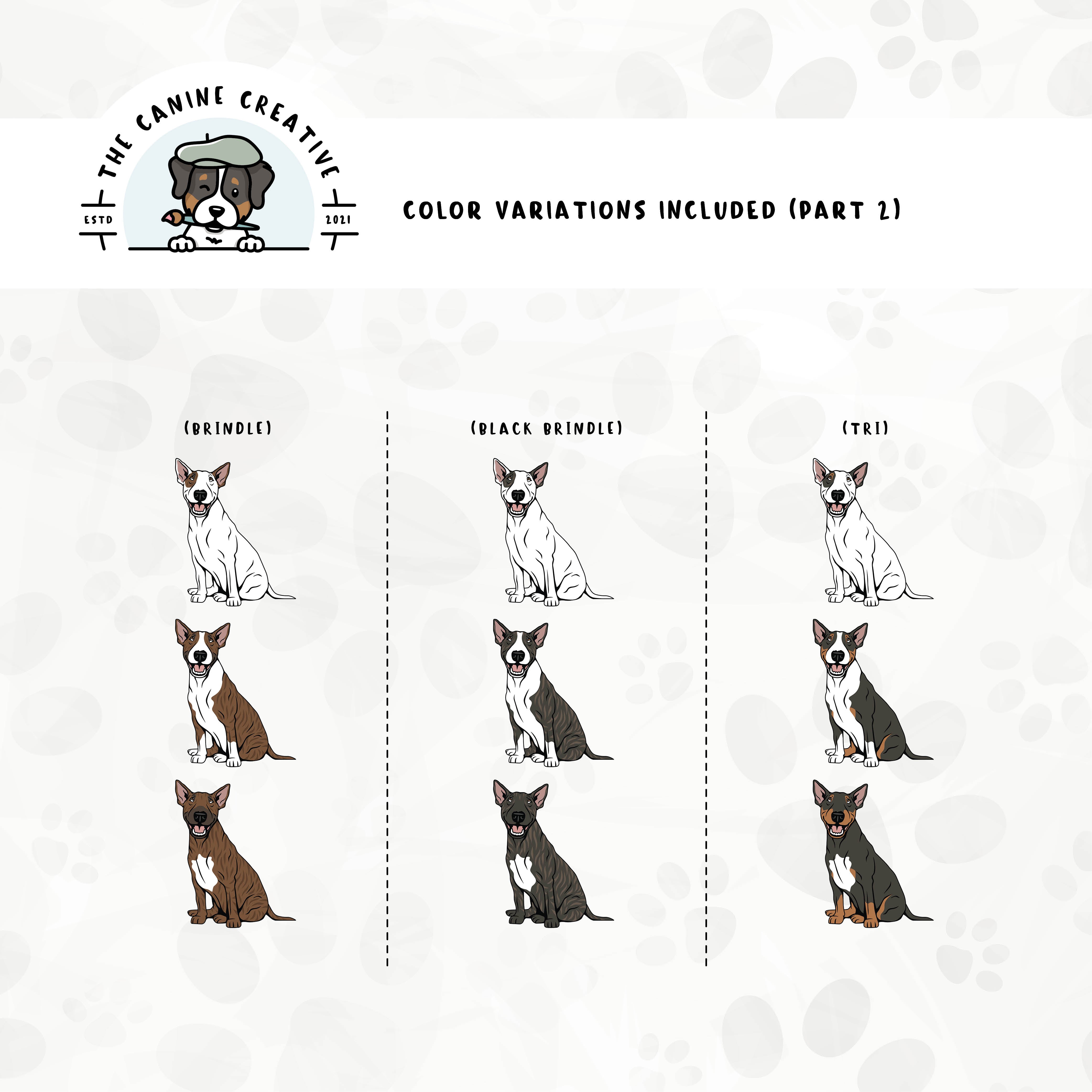 Part 2 of dog color variations for this design set includes common color and marking variations found in this Bully breed (brindle and tri-color).