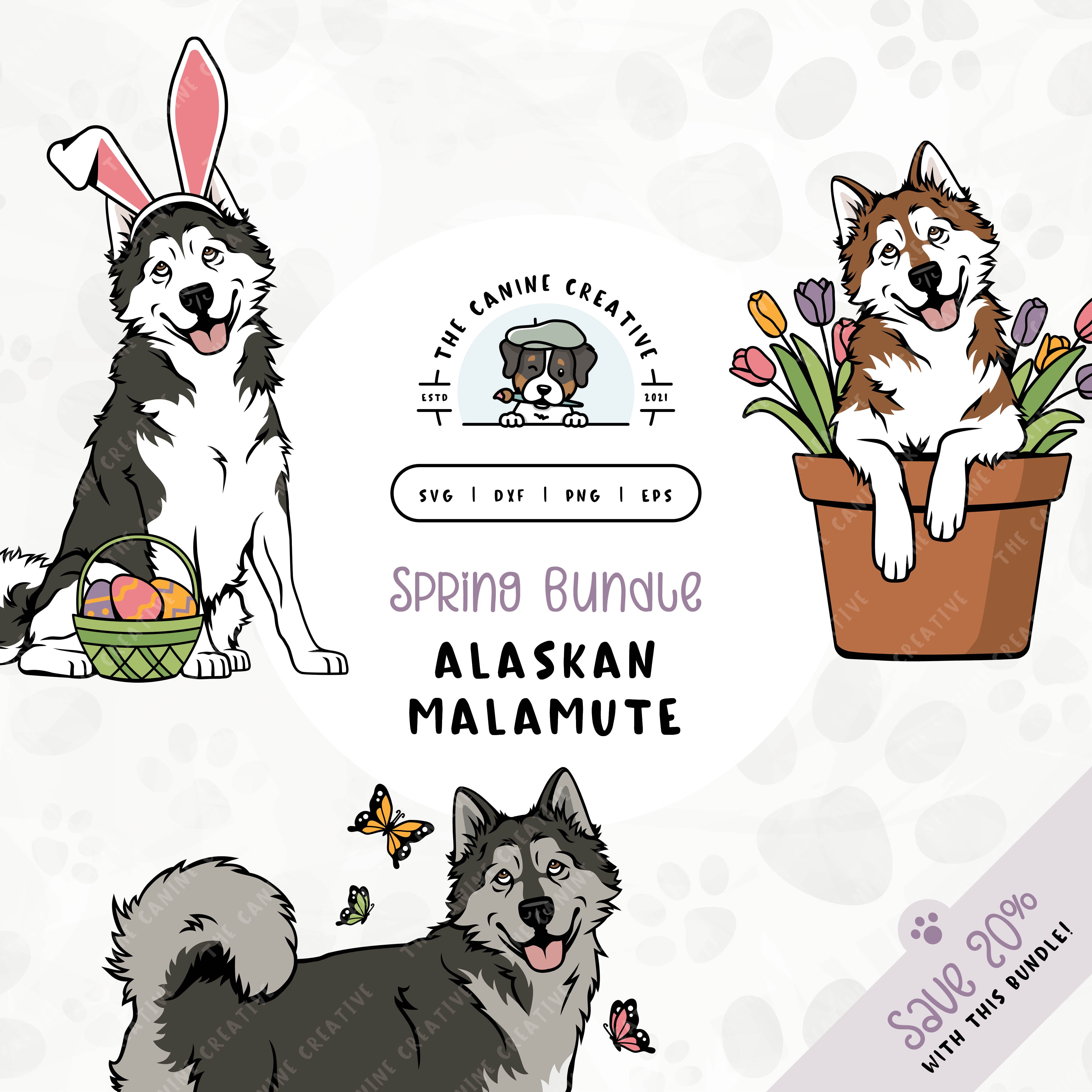 This 3-pack springtime illustration bundle features Alaskan Malamutes among colorful butterflies, peeking out from a pot of vibrant tulips, and wearing festive bunny ears while sitting near a basket of brightly-colored Easter eggs. File formats include: SVG, DXF, PNG, and EPS.