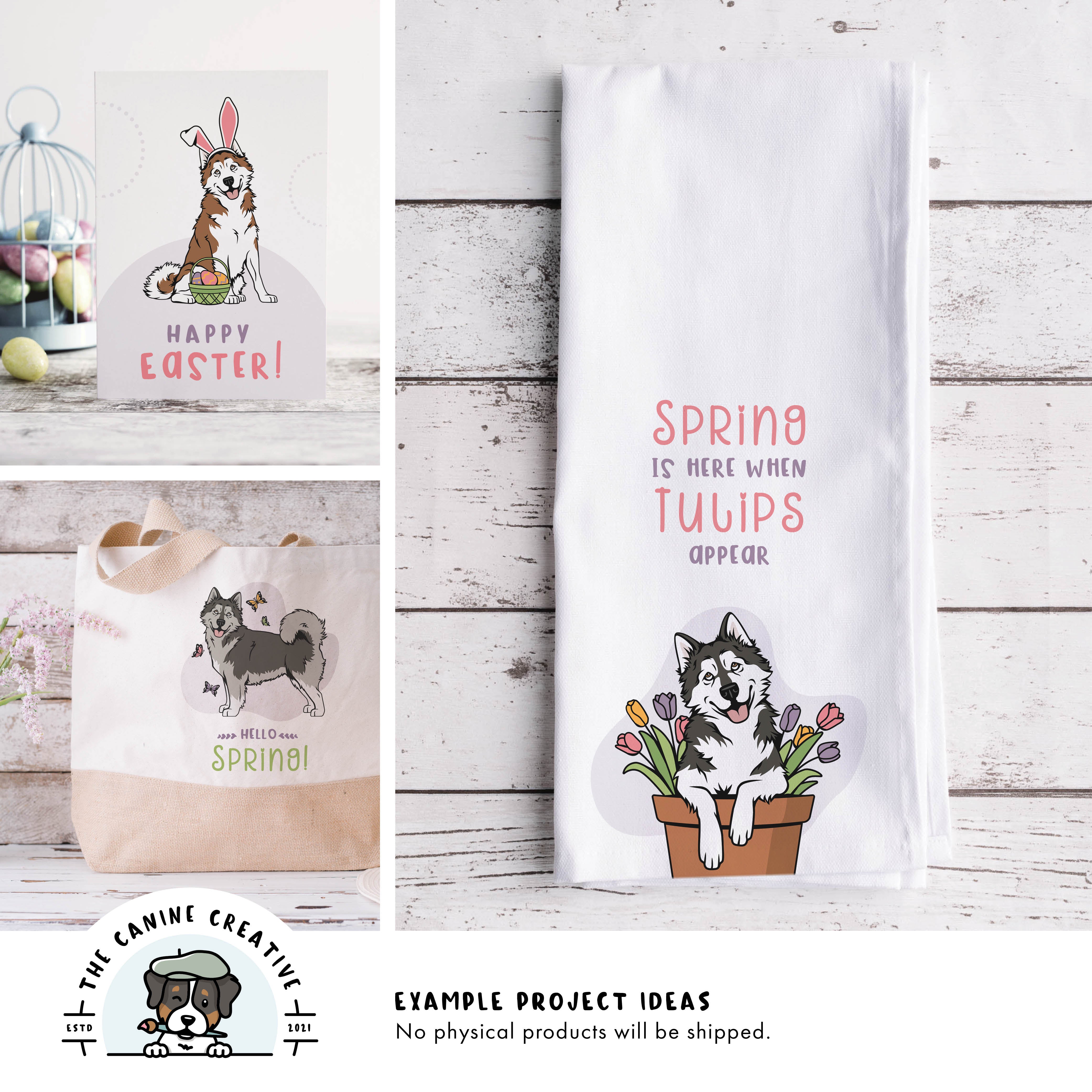 Example project ideas showing designs on a greeting card, tote bag, and tea towel.
