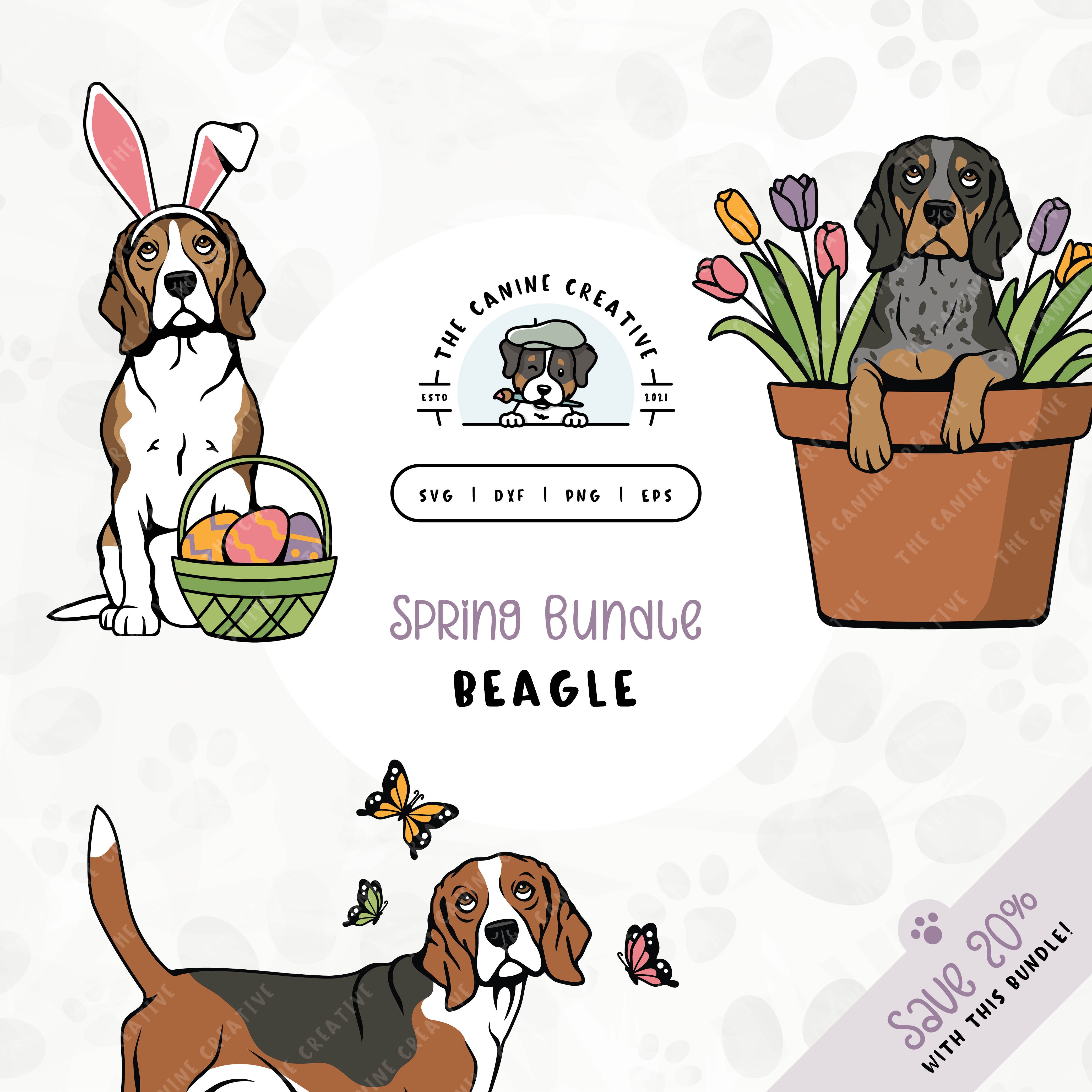 This 3-pack springtime illustration bundle features Beagles among colorful butterflies, peeking out from a pot of vibrant tulips, and wearing festive bunny ears while sitting near a basket of brightly-colored Easter eggs. File formats include: SVG, DXF, PNG, and EPS.