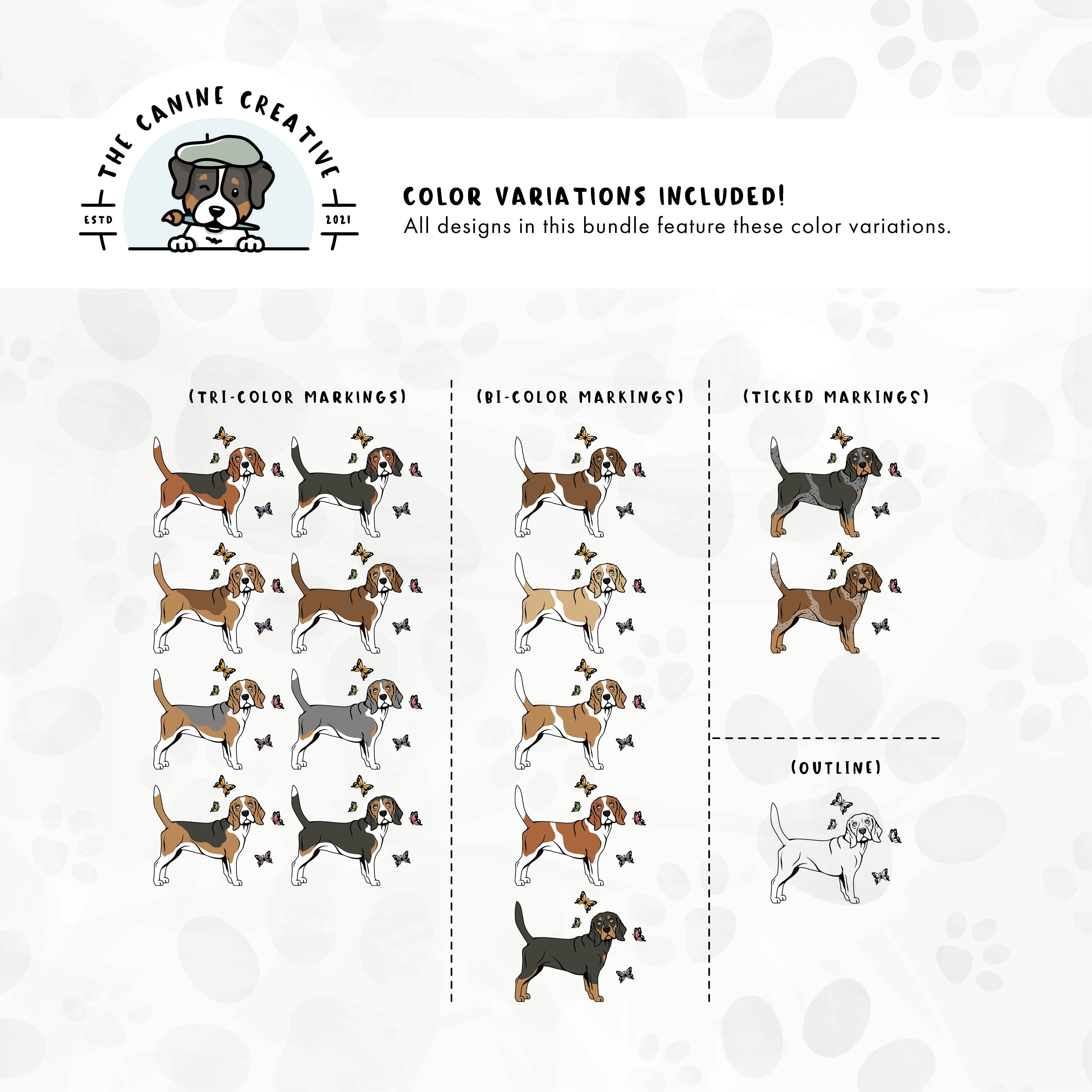 Dog color variations for this design set includes common color and marking variations found in Beagles (bi-color, tri-color, and ticked), as well as an outline option. 