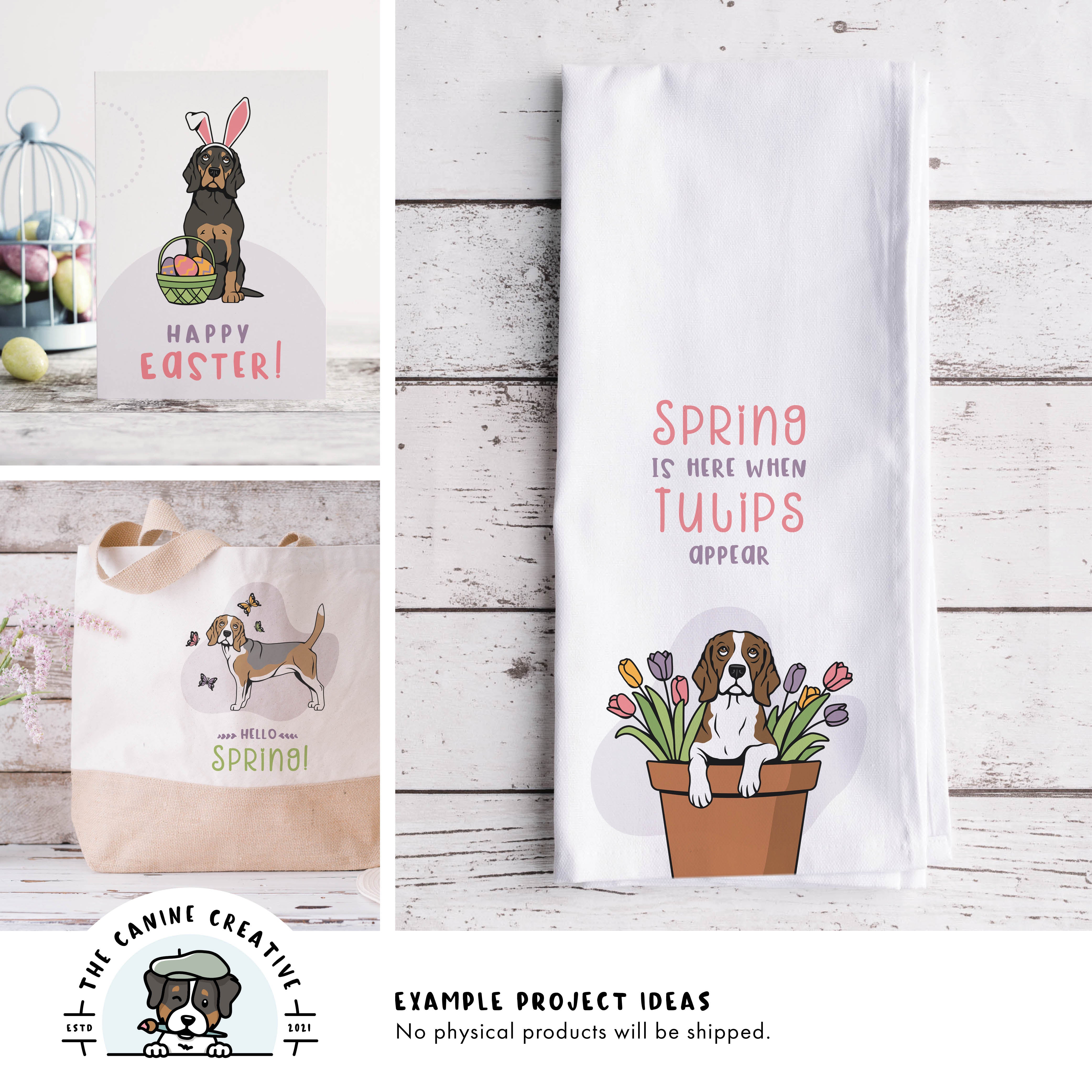 Example project ideas showing designs on a greeting card, tote bag, and tea towel.