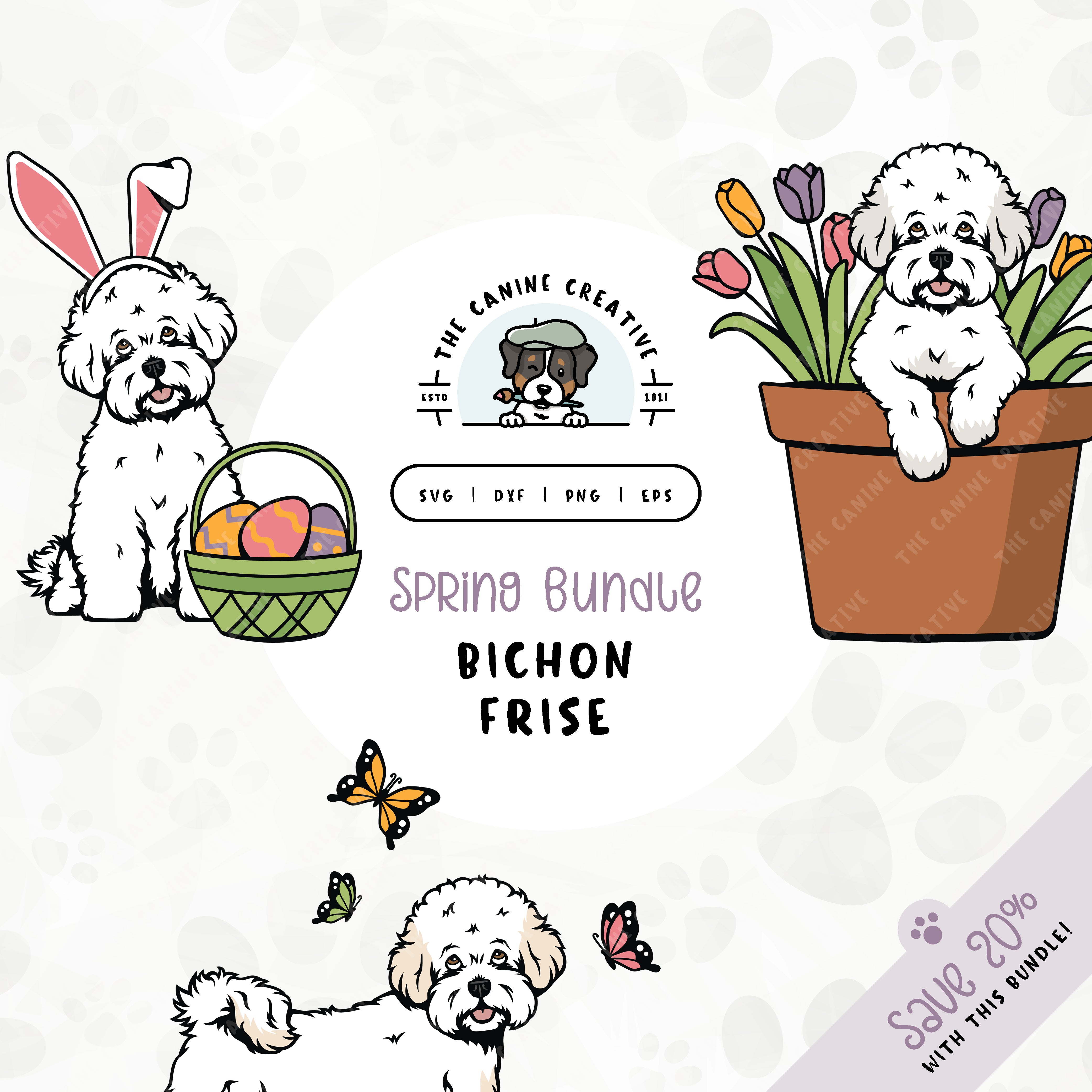 This 3-pack springtime illustration bundle features Bichons Frises among colorful butterflies, peeking out from a pot of vibrant tulips, and wearing festive bunny ears while sitting near a basket of brightly-colored Easter eggs. File formats include: SVG, DXF, PNG, and EPS.